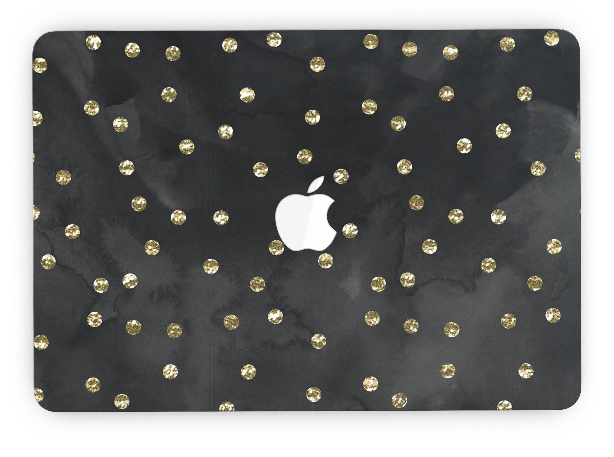 Black Watercolor and Gold Glimmer Polka Dots skin for MacBook Pro with Retina Display, showcasing a stylish design with polka dots.