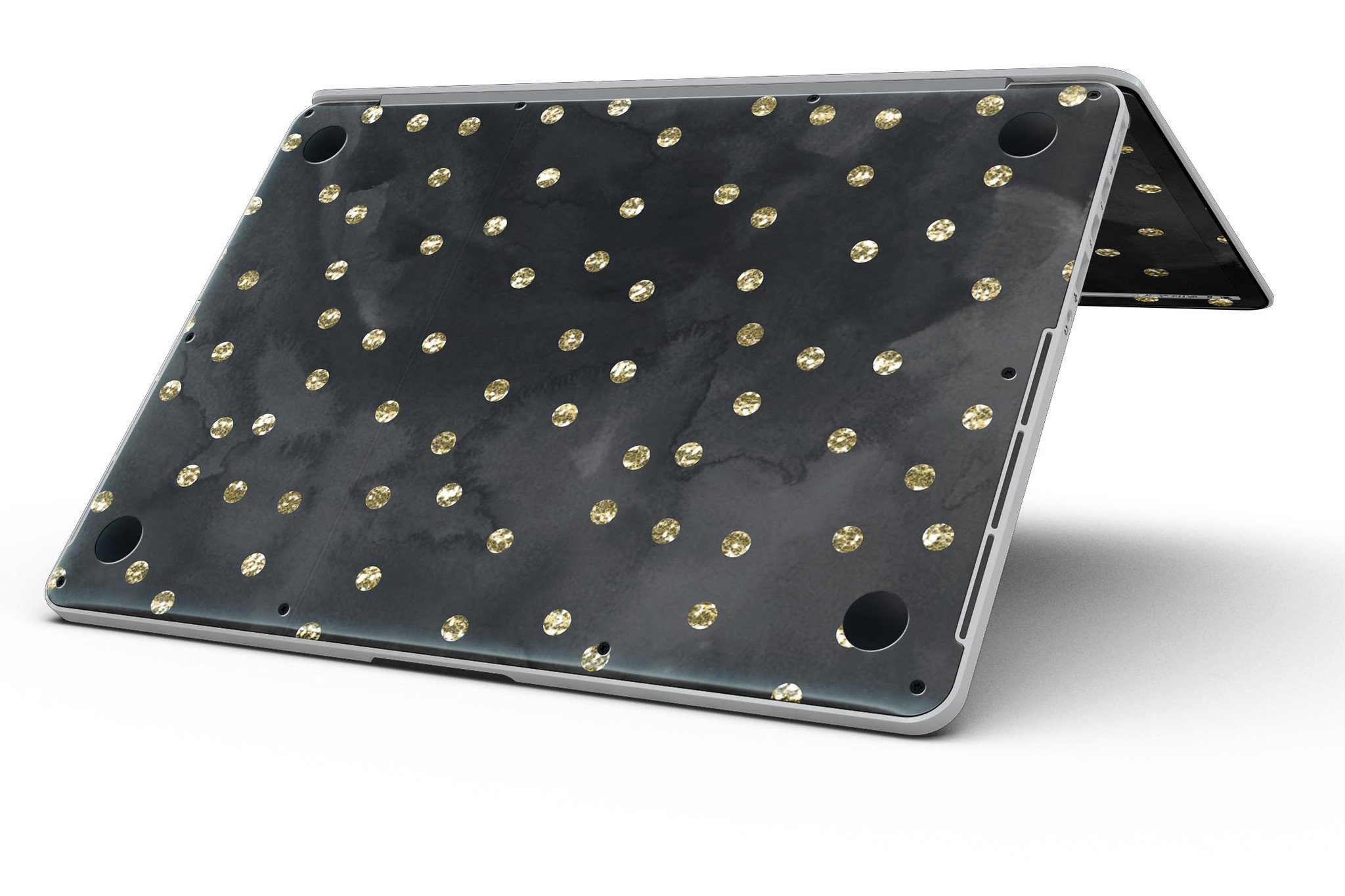 Black Watercolor and Gold Glimmer Polka Dots skin for MacBook Pro with Retina Display, showcasing a stylish design with polka dots.