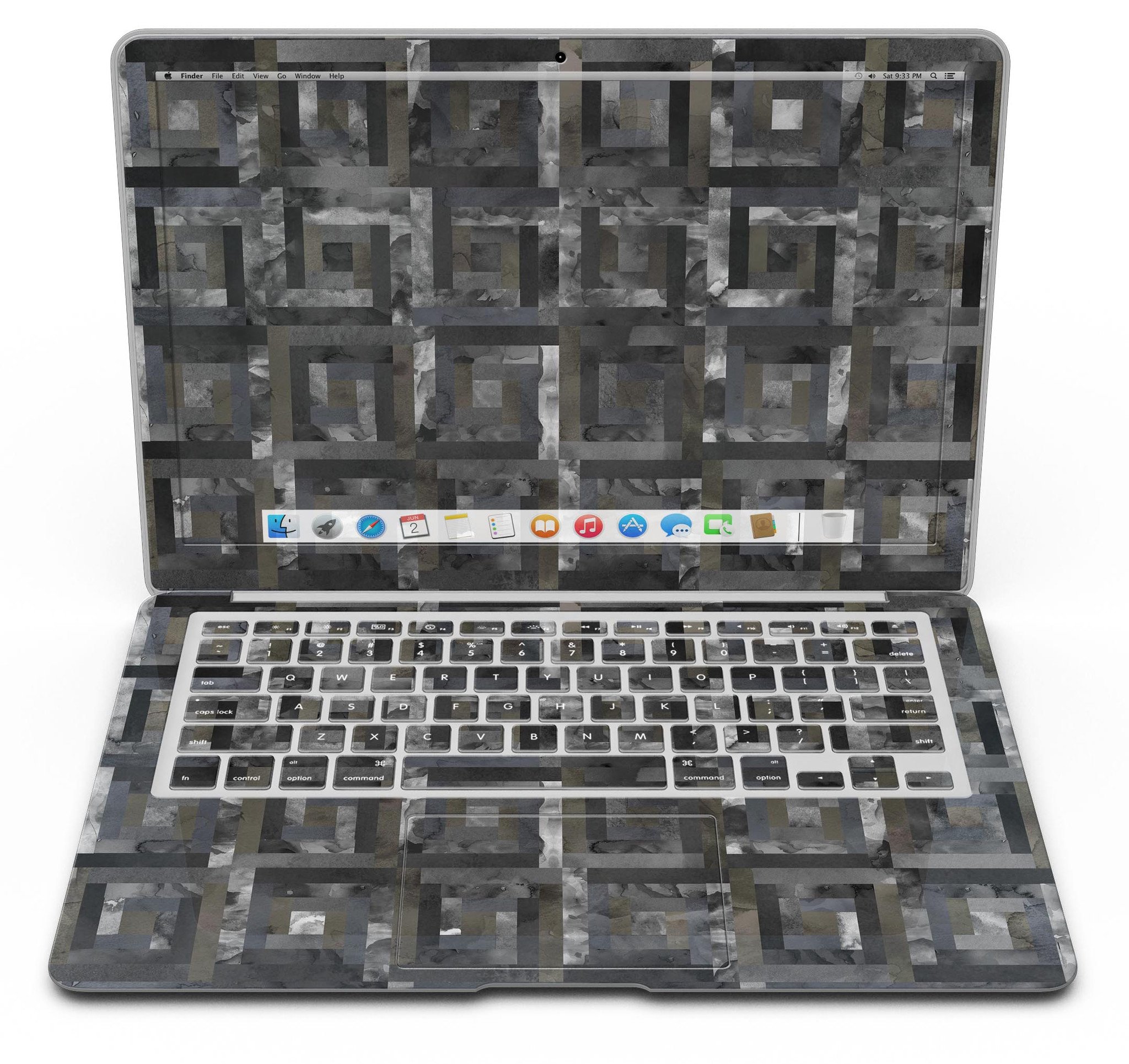 Black Watercolor Patchwork MacBook Air Skin Kit showcasing a stylish design that protects the device from scratches.