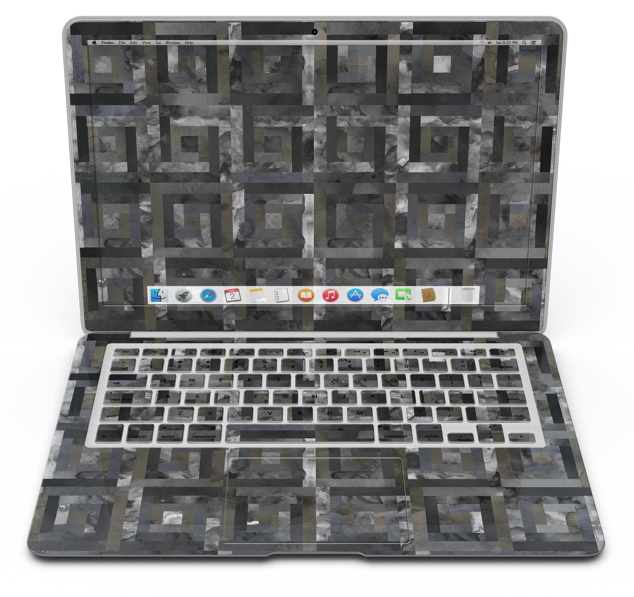 Black Watercolor Patchwork MacBook Air Skin Kit showcasing a stylish design that protects the device from scratches.