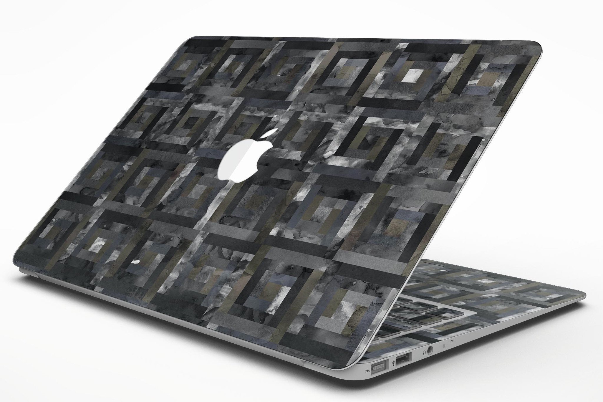 Black Watercolor Patchwork MacBook Air Skin Kit showcasing a stylish design that protects the device from scratches.