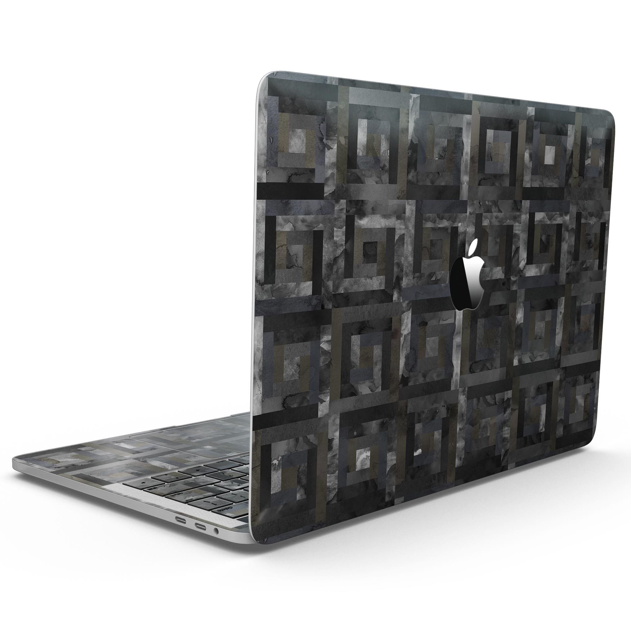 Black Watercolor Patchwork skin kit for MacBook Pro with Touch Bar, showcasing vibrant colors and unique design.