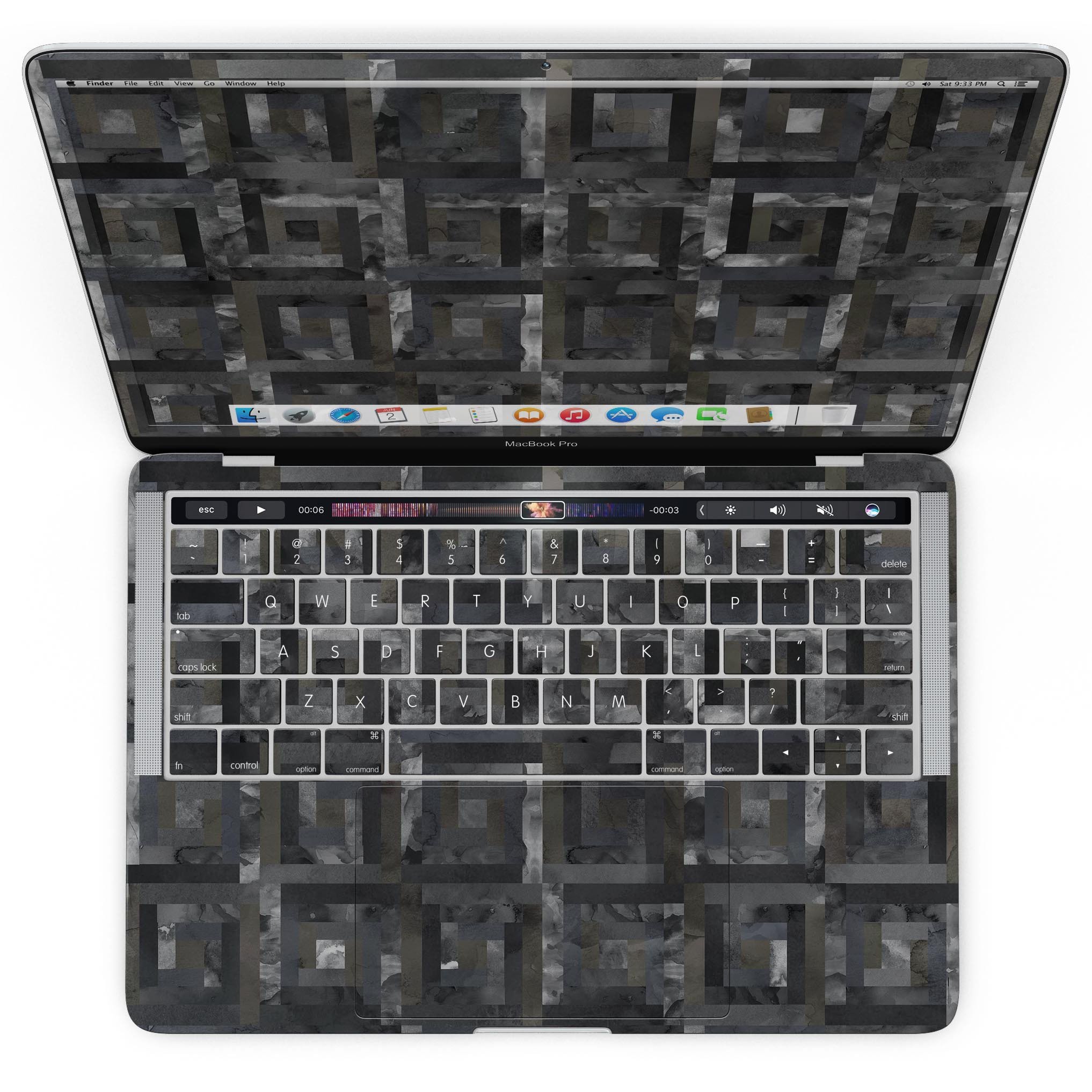 Black Watercolor Patchwork skin kit for MacBook Pro with Touch Bar, showcasing vibrant colors and unique design.