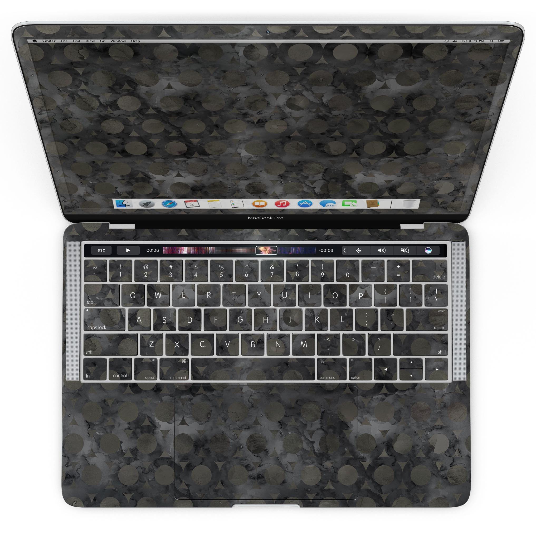 Black Watercolor Ring Pattern skin for MacBook Pro with Touch Bar, showcasing vibrant colors and unique design.