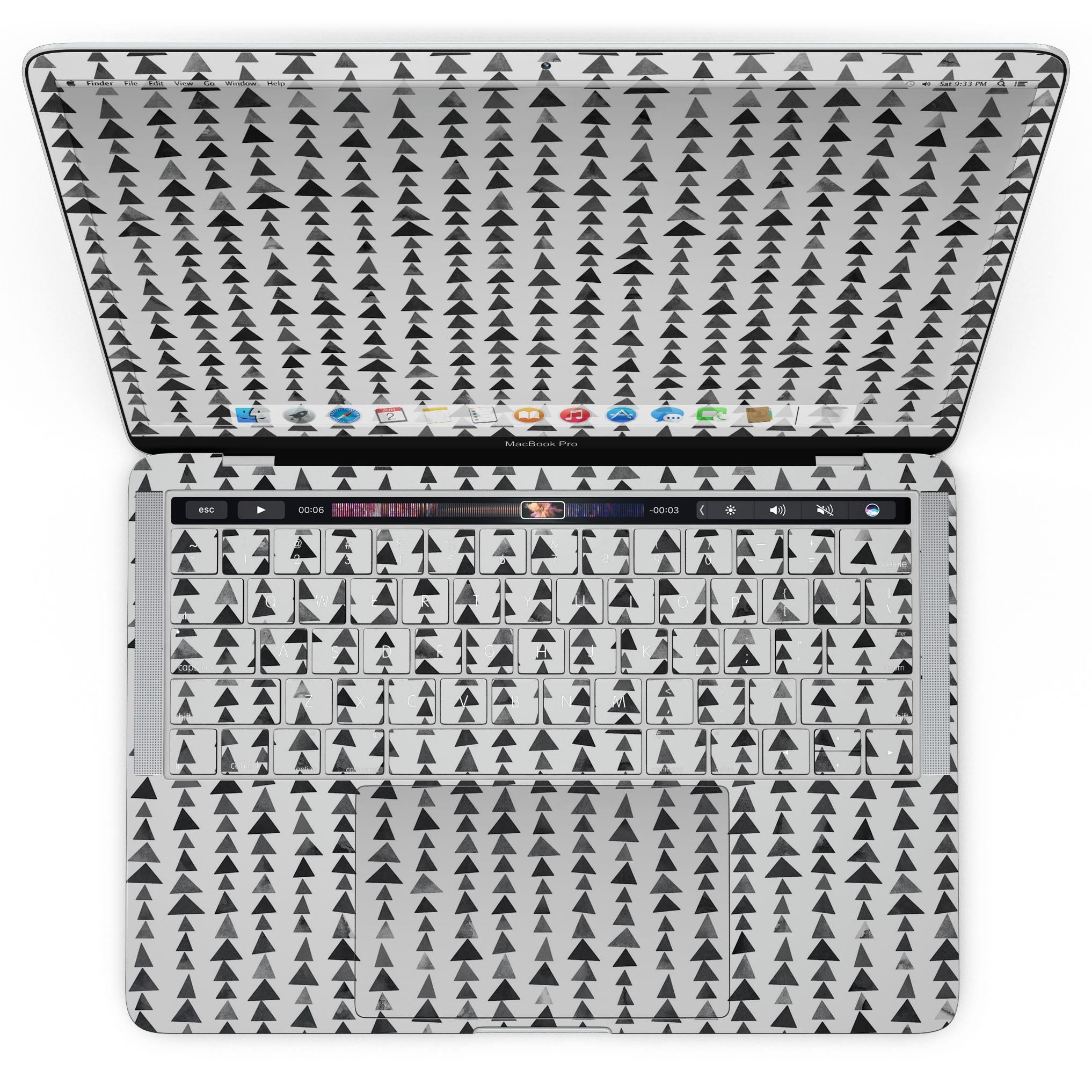 Black Watercolor Triangle Pattern V2 skin for MacBook Pro with Touch Bar, showcasing a stylish design that protects the device.