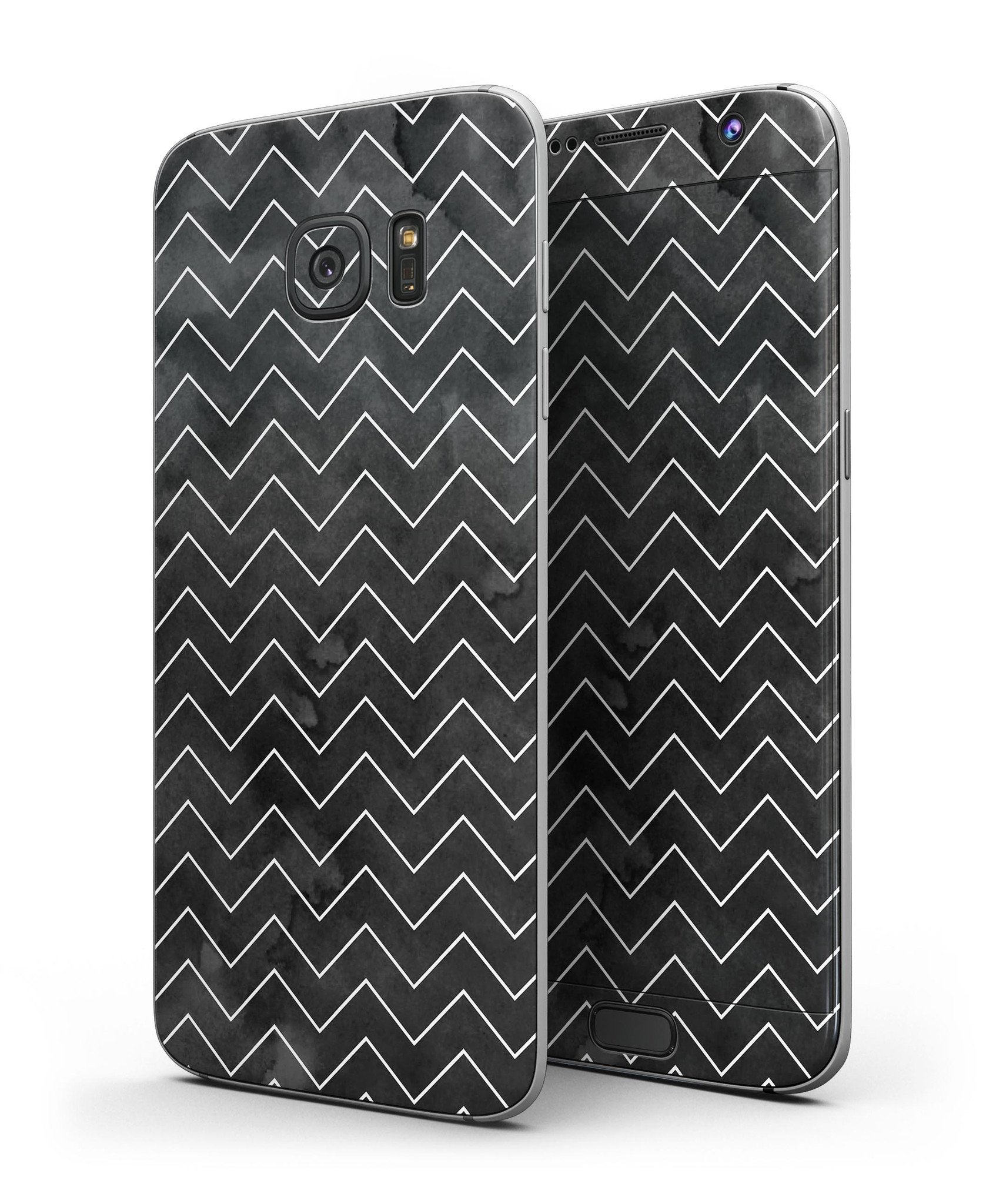 Black Watercolor Skin-Kit with White Chevron design for Samsung Galaxy S7/S7 Edge, showcasing full-body coverage and stylish finish.