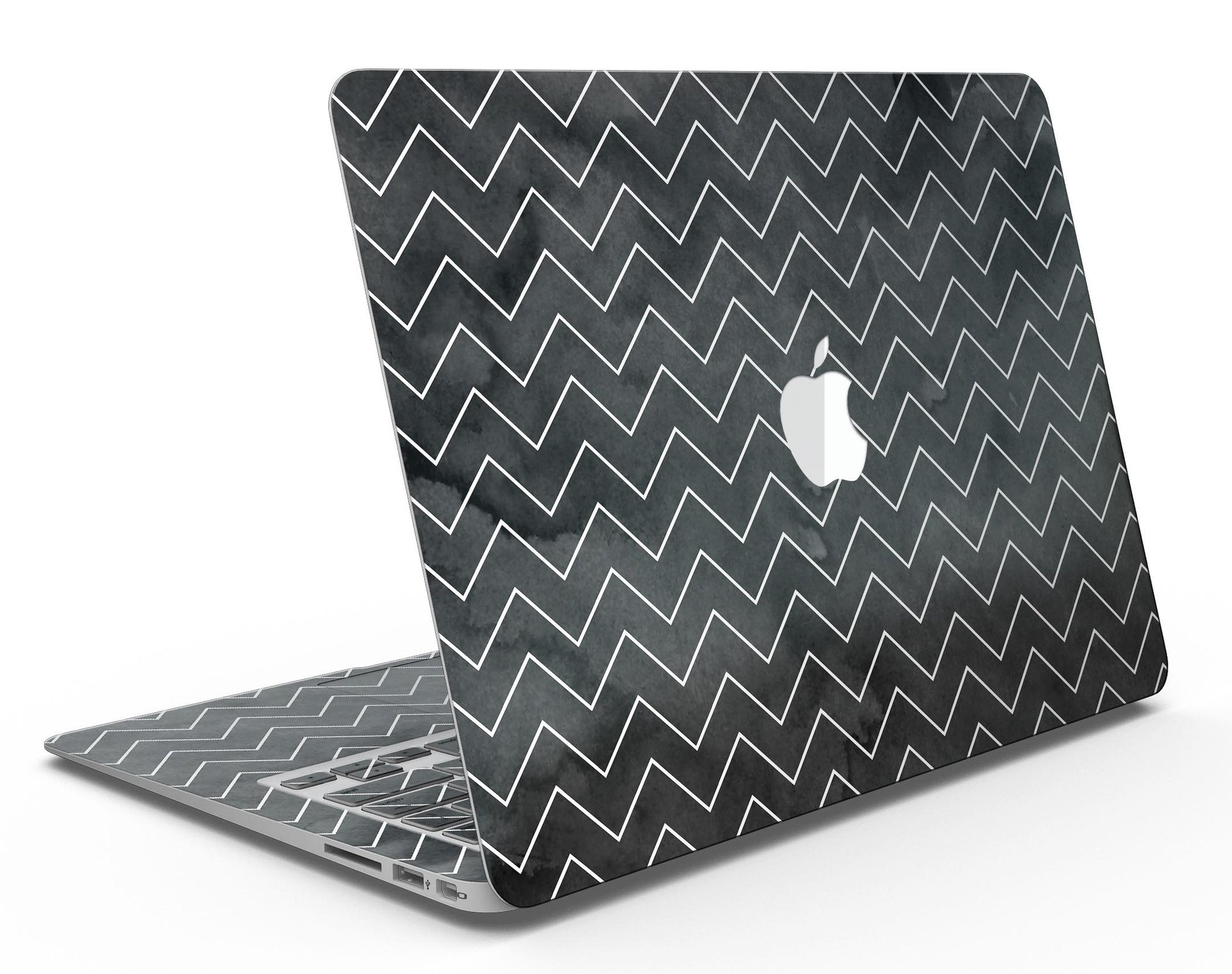 Black Watercolor MacBook Air skin featuring a white chevron pattern, showcasing a stylish and protective design.