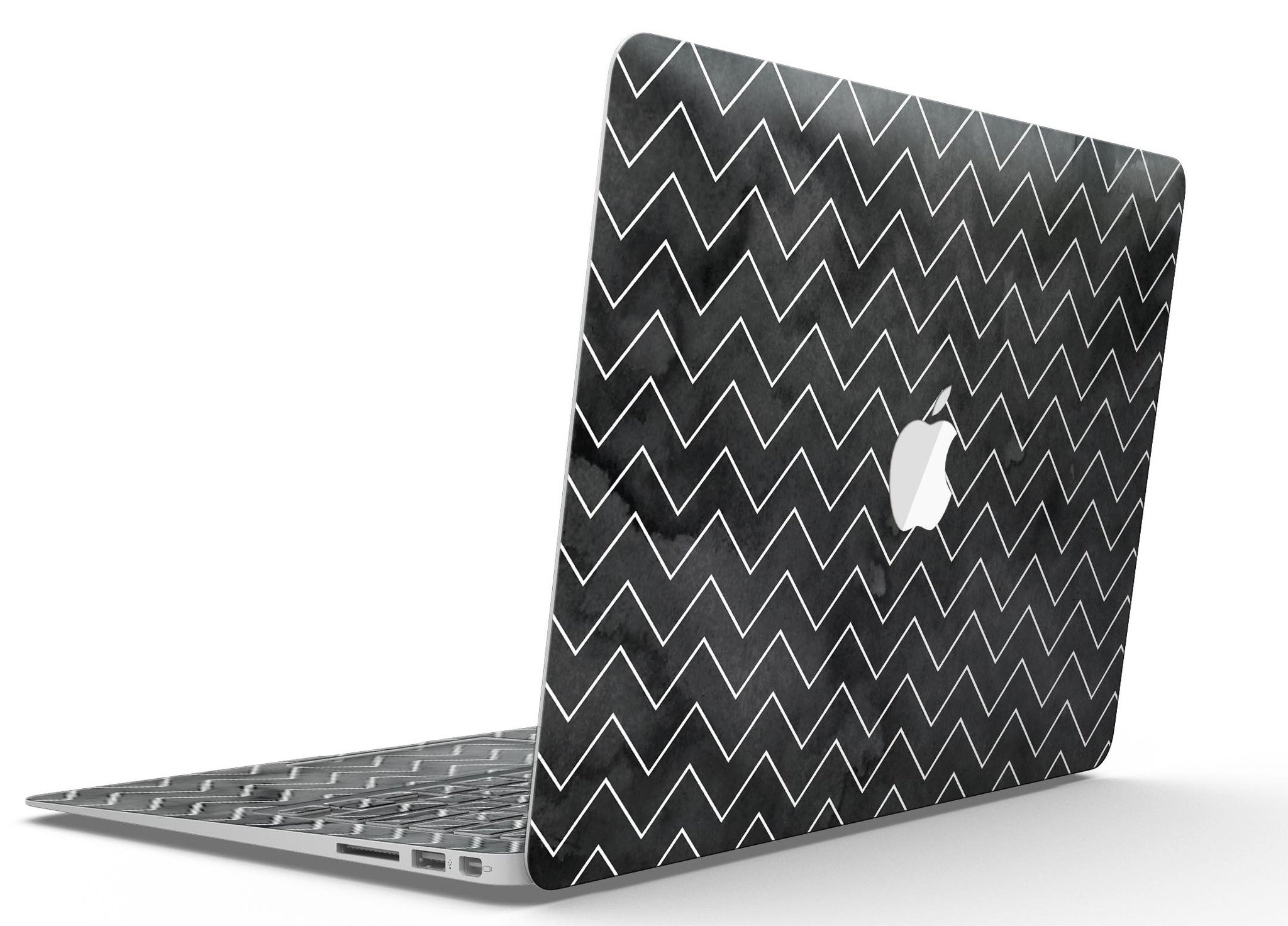 Black Watercolor MacBook Air skin featuring a white chevron pattern, showcasing a stylish and protective design.