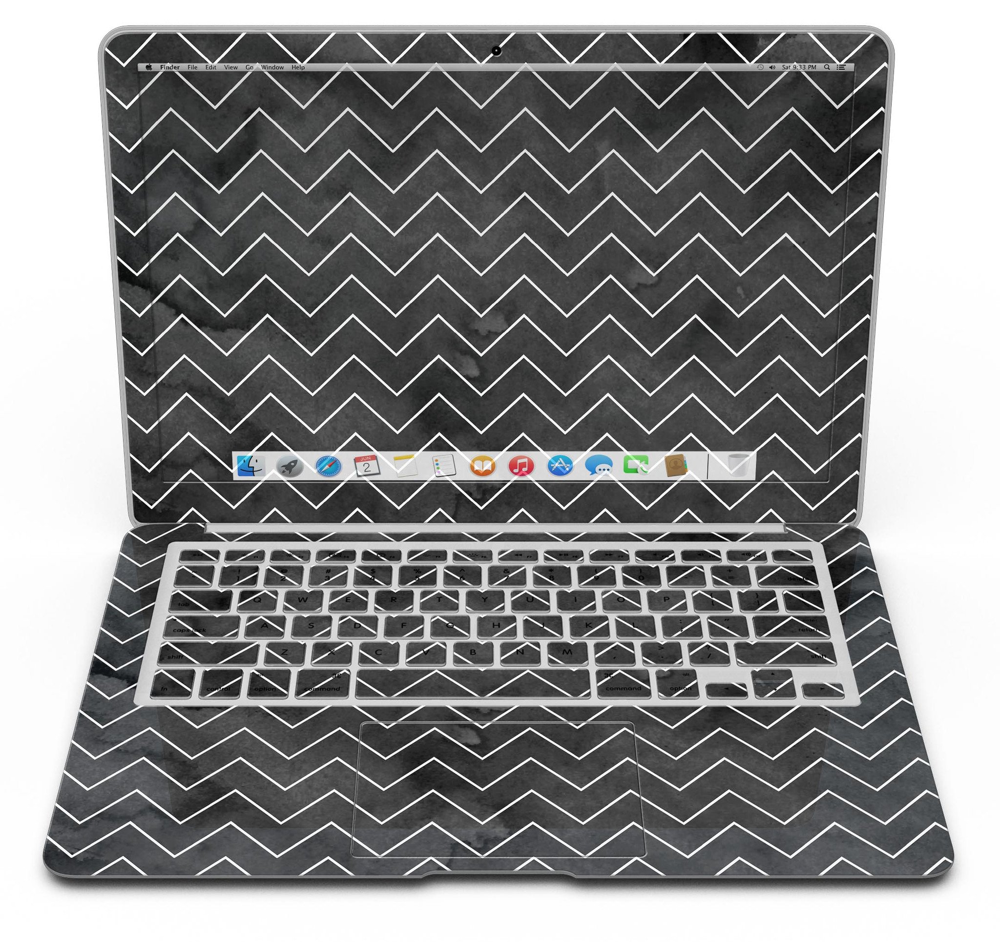 Black Watercolor MacBook Air skin featuring a white chevron pattern, showcasing a stylish and protective design.