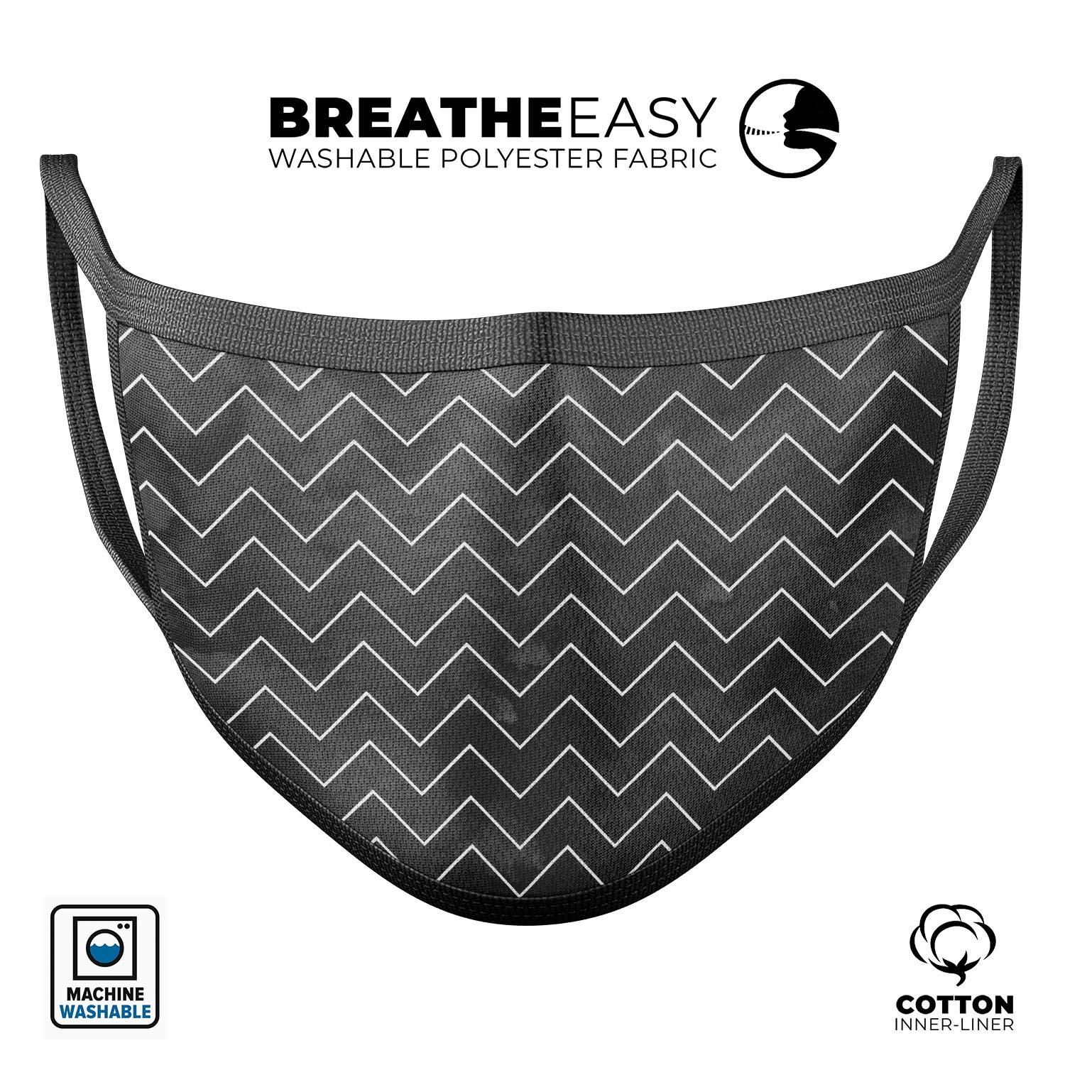 Black Watercolor face mask featuring a white chevron pattern, made in the USA, showcasing adjustable ear loops and soft cotton interior.