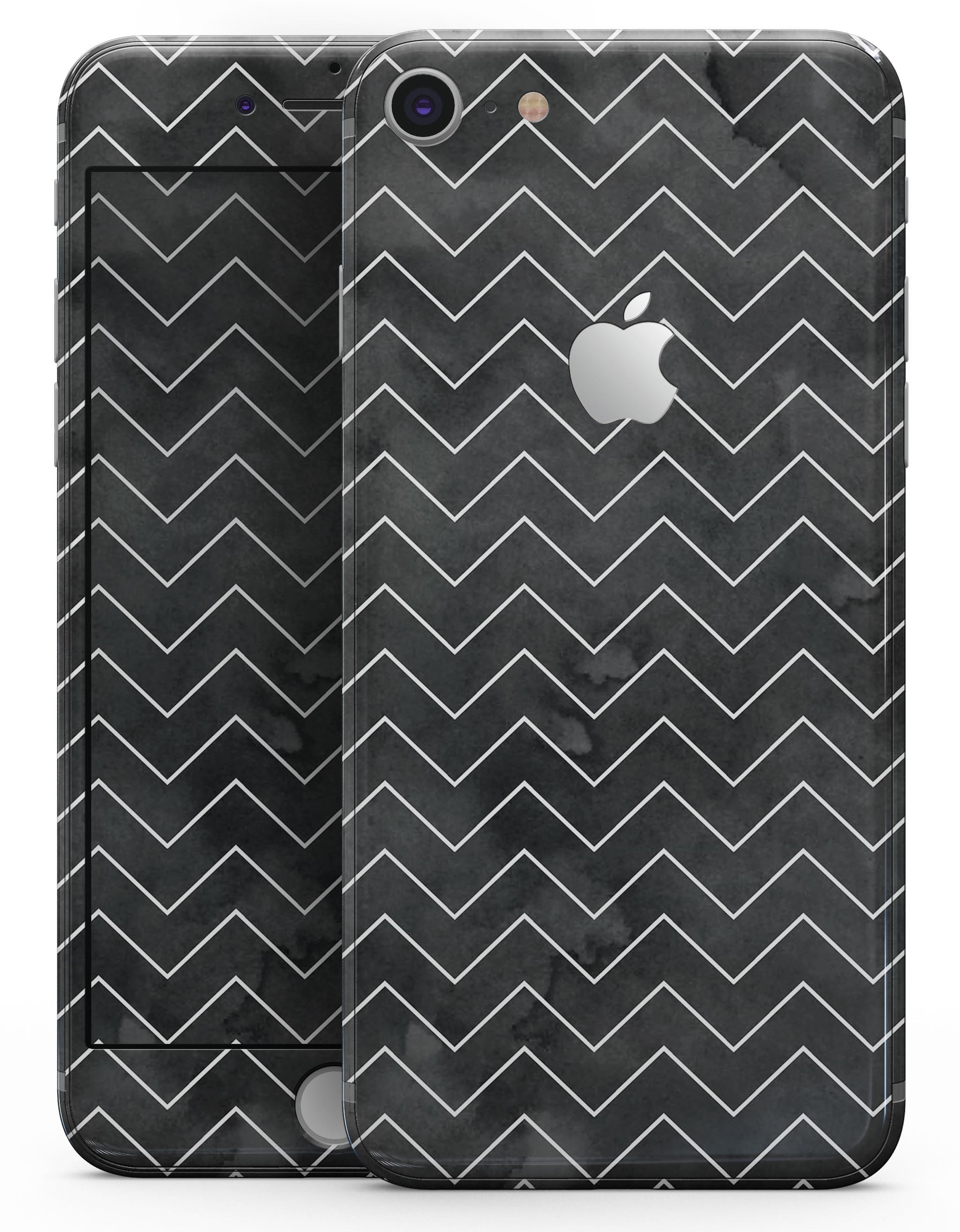 Black Watercolor Skin-kit with White Chevron design for iPhone 8 and 8 Plus, showcasing a stylish and protective vinyl cover.