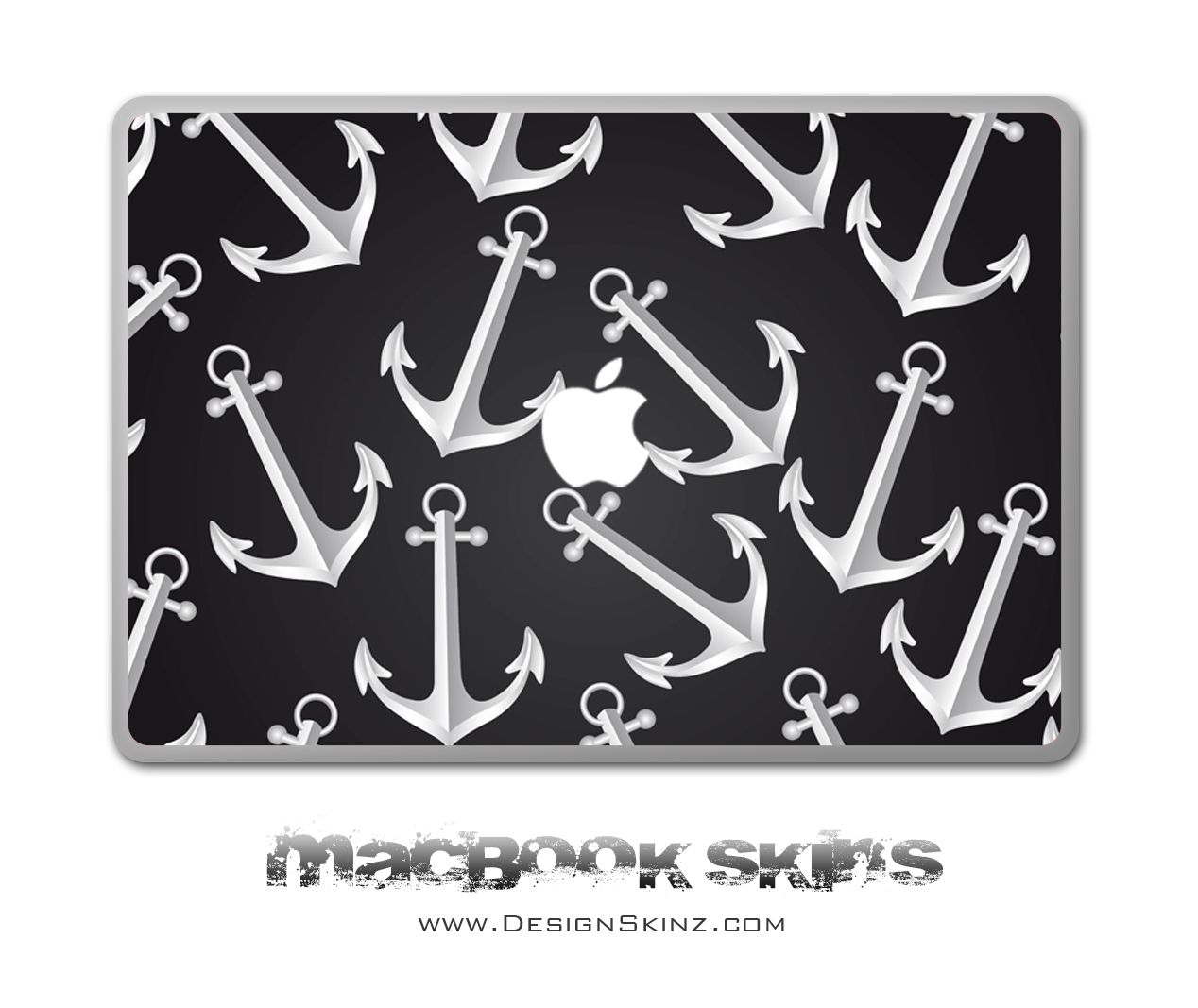 Black & White Anchor MacBook Skin featuring a sleek design with an Apple logo cutout, available for various MacBook sizes.