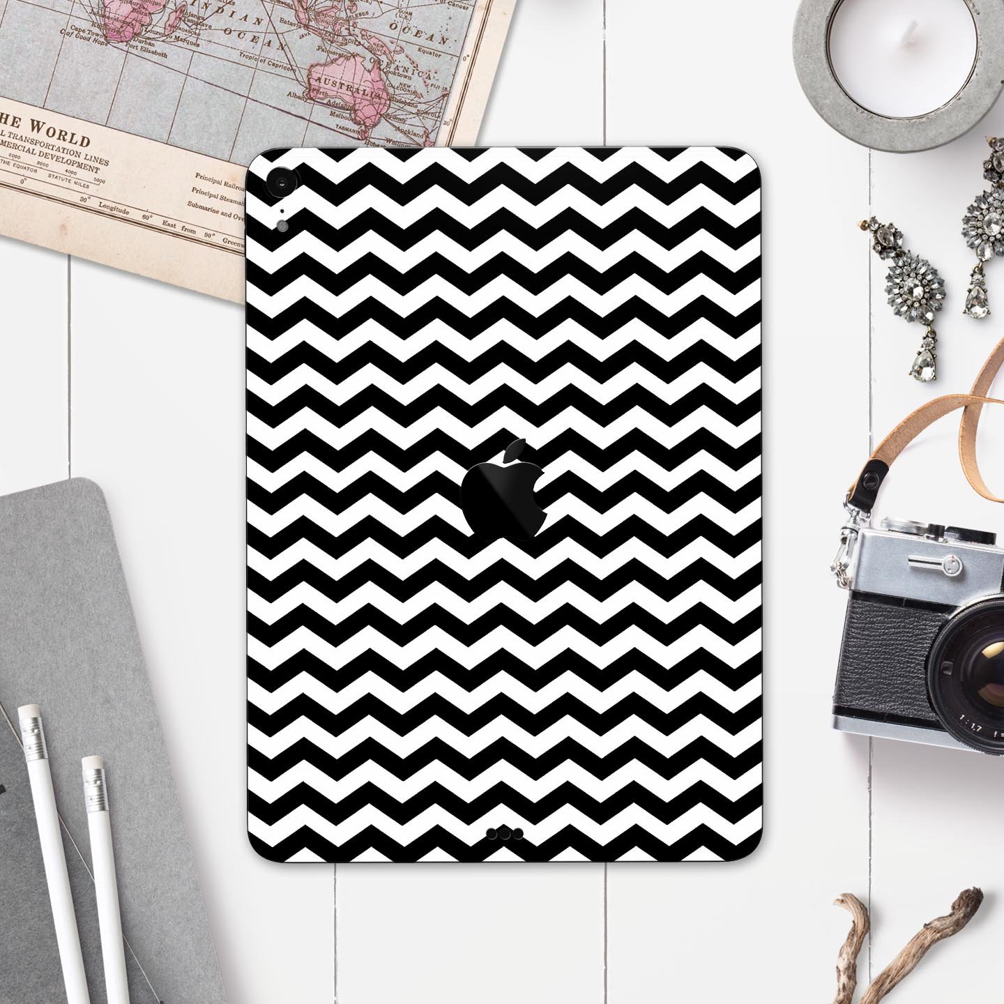 Black and white chevron pattern skin decal for Apple devices, showcasing a stylish design and premium quality materials.