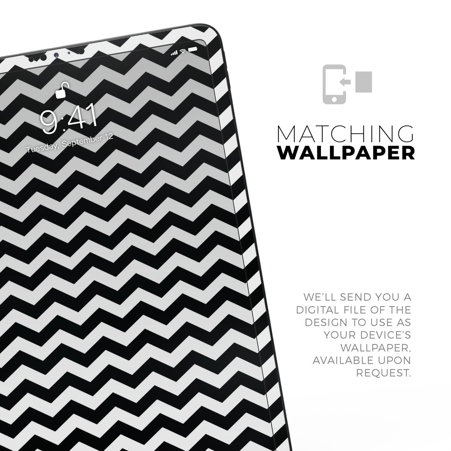 Black and white chevron pattern skin decal for Apple devices, showcasing a stylish design and premium quality materials.