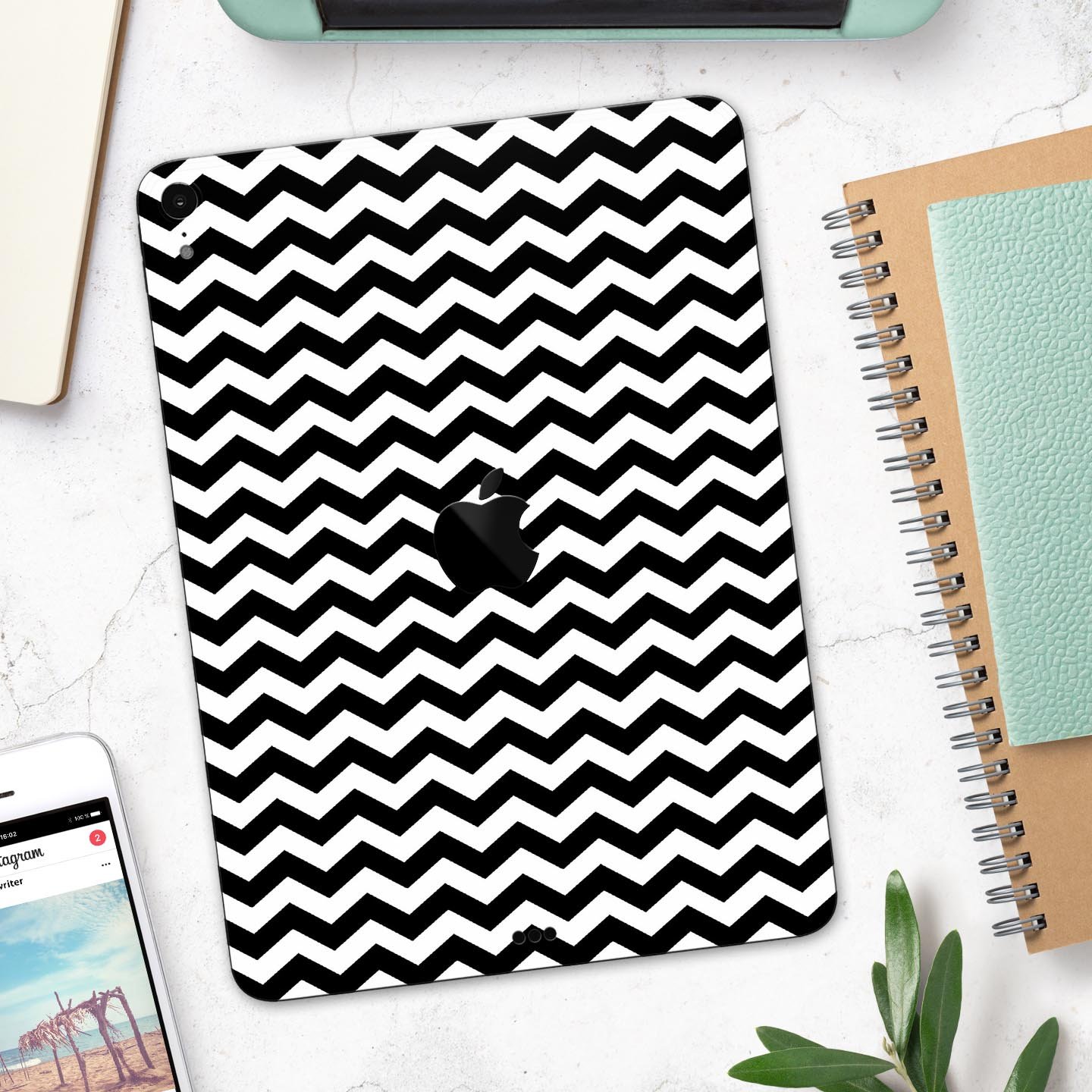 Black and white chevron pattern skin decal for Apple devices, showcasing a stylish design and premium quality materials.