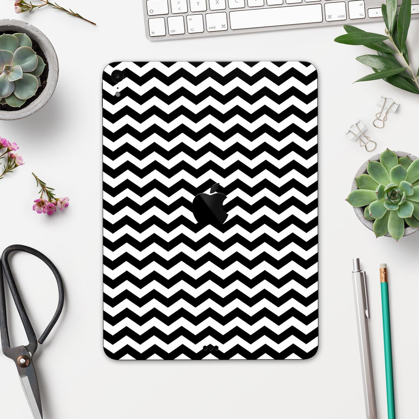 Black and white chevron pattern skin decal for Apple devices, showcasing a stylish design and premium quality materials.