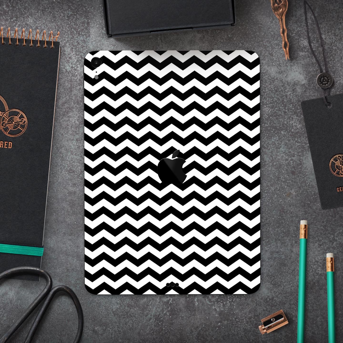 Black and white chevron pattern skin decal for Apple devices, showcasing a stylish design and premium quality materials.