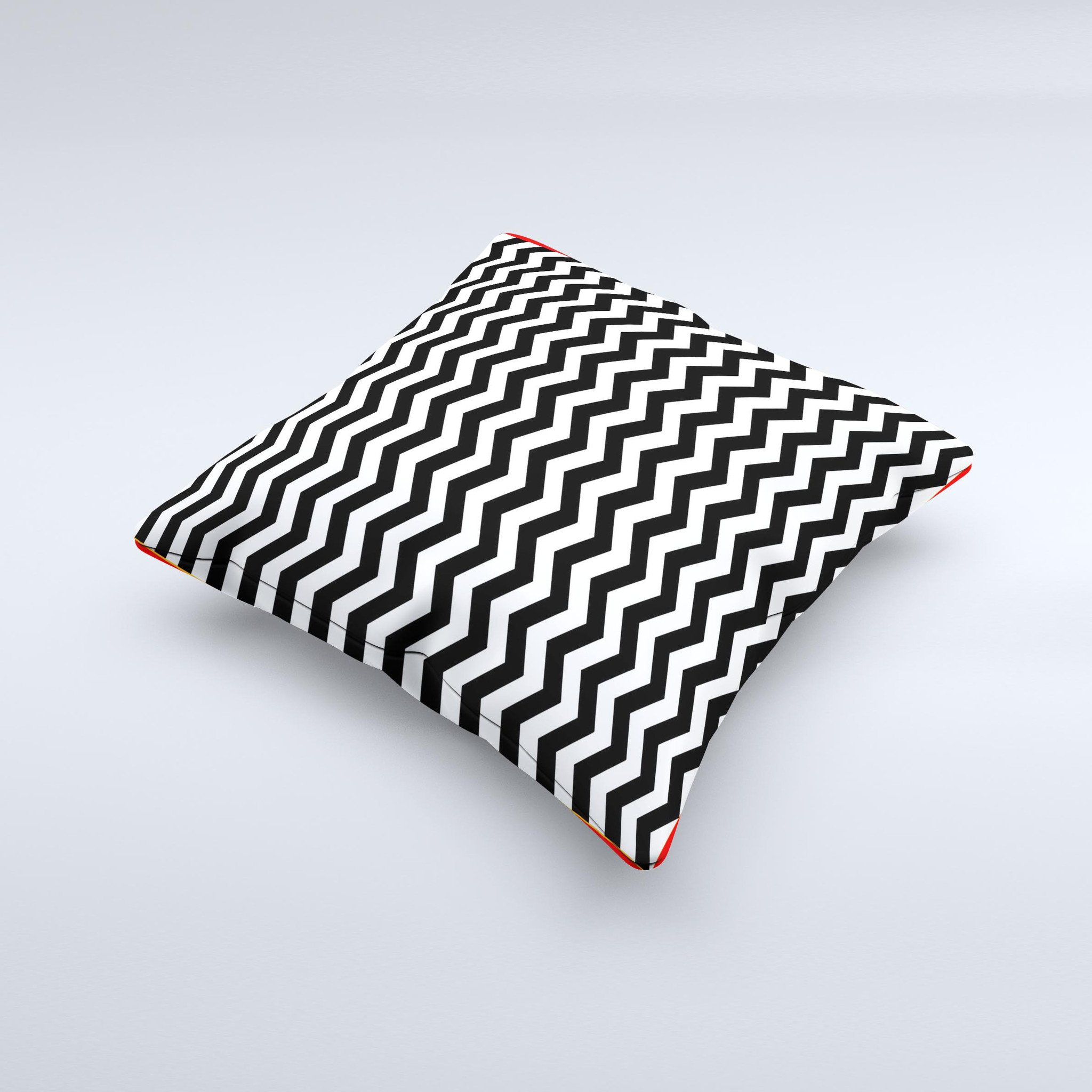 Black and white chevron pattern decorative throw pillow, handcrafted with high-quality materials, showcasing unique design imperfections.