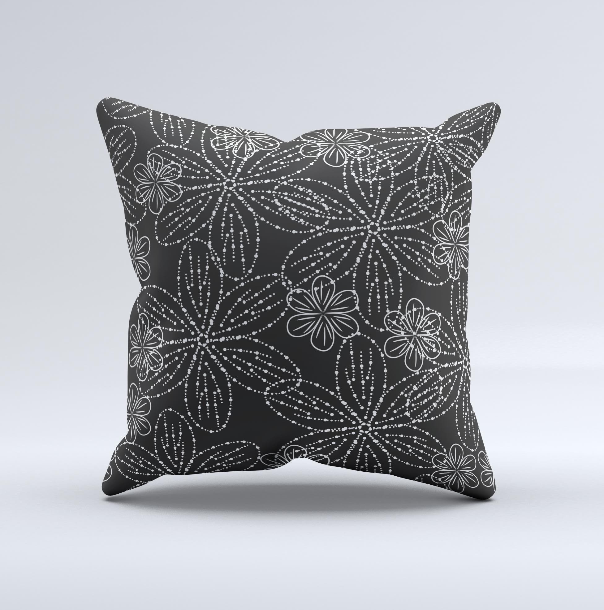 Black and white decorative throw pillow featuring floral lace design, handcrafted in Virginia with high-quality materials.