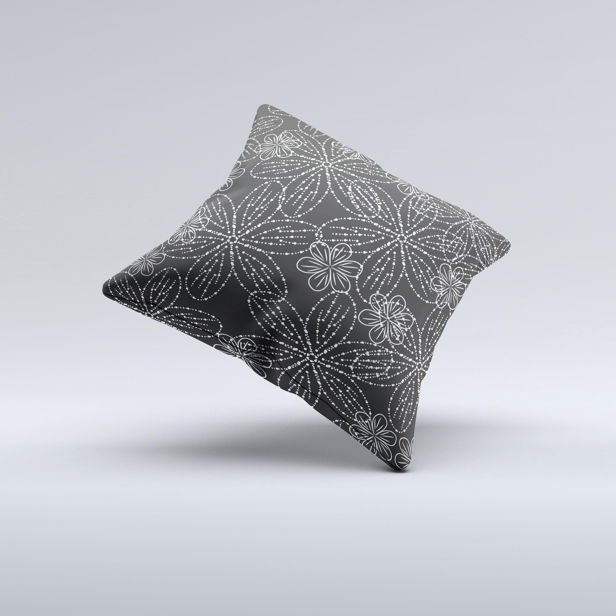 Black and white decorative throw pillow featuring floral lace design, handcrafted in Virginia with high-quality materials.