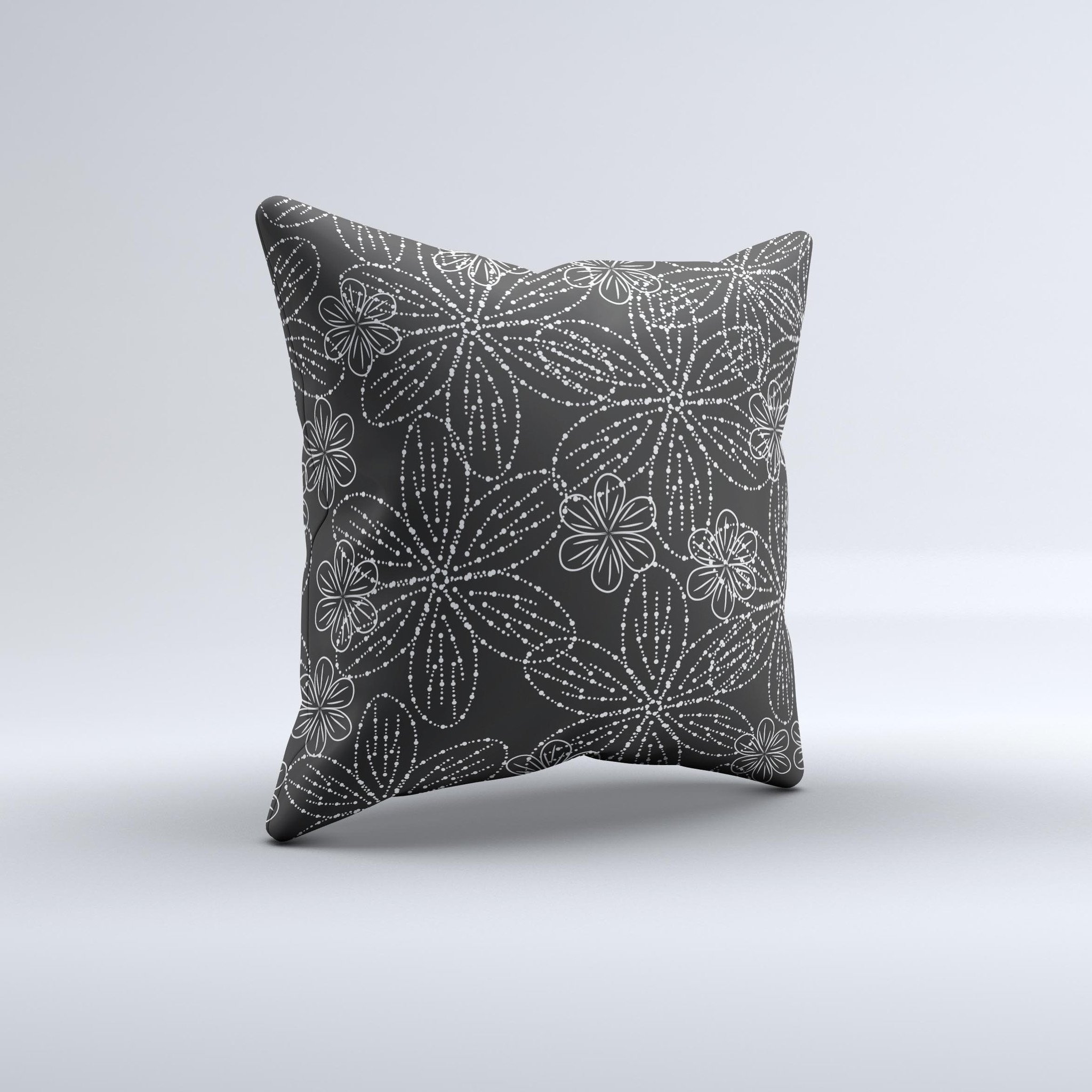 Black and white decorative throw pillow featuring floral lace design, handcrafted in Virginia with high-quality materials.