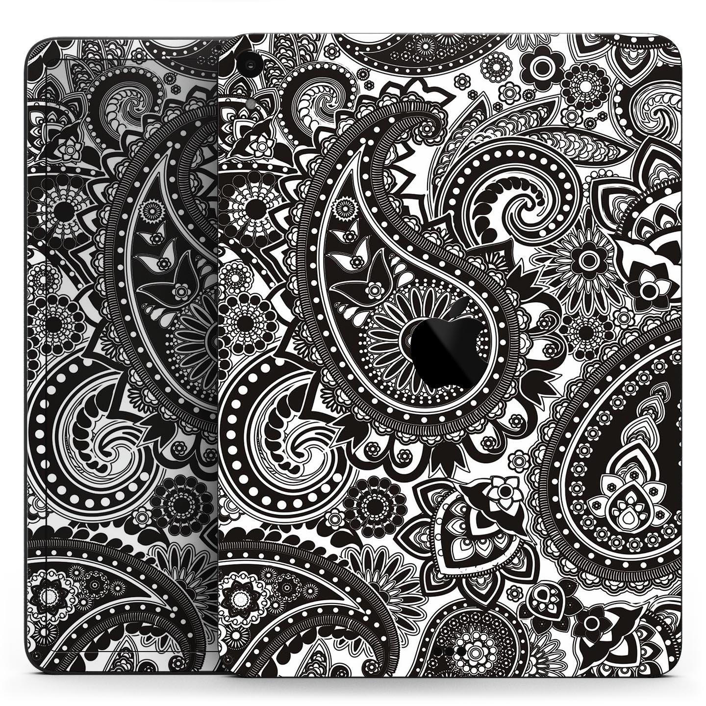 Black & White Paisley Pattern V1 skin decal for Apple devices, showcasing intricate paisley design and premium finish.