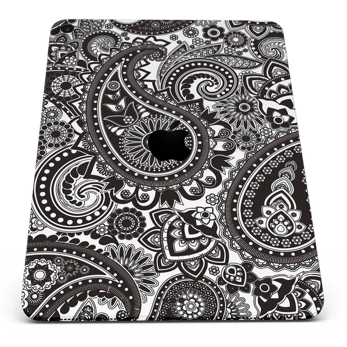 Black & White Paisley Pattern V1 skin decal for Apple devices, showcasing intricate paisley design and premium finish.