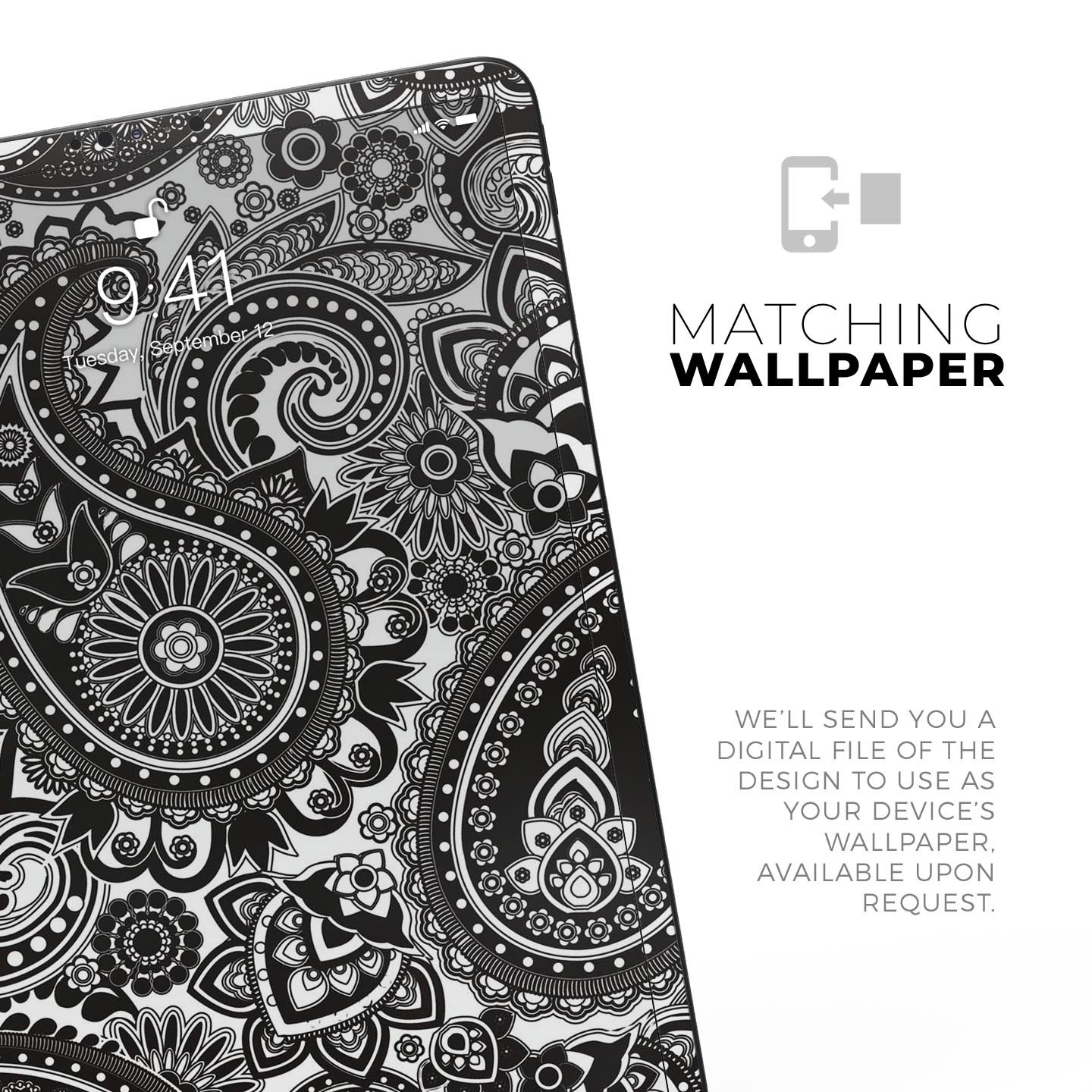 Black & White Paisley Pattern V1 skin decal for Apple devices, showcasing intricate paisley design and premium finish.