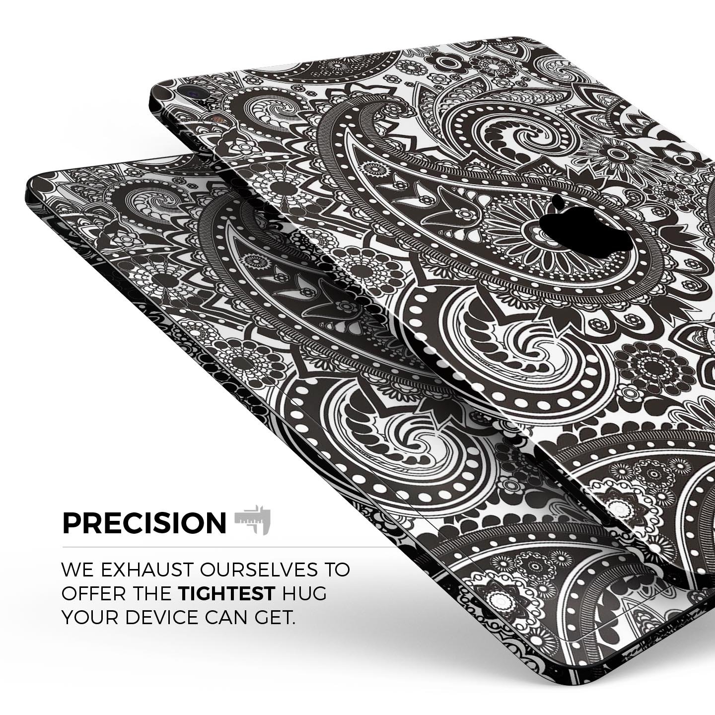 Black & White Paisley Pattern V1 skin decal for Apple devices, showcasing intricate paisley design and premium finish.