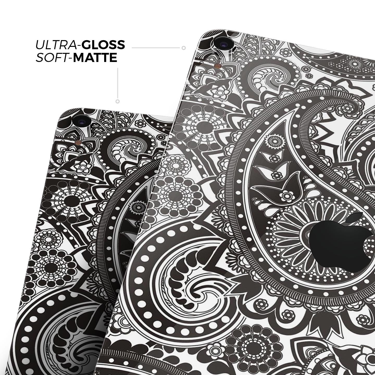 Black & White Paisley Pattern V1 skin decal for Apple devices, showcasing intricate paisley design and premium finish.