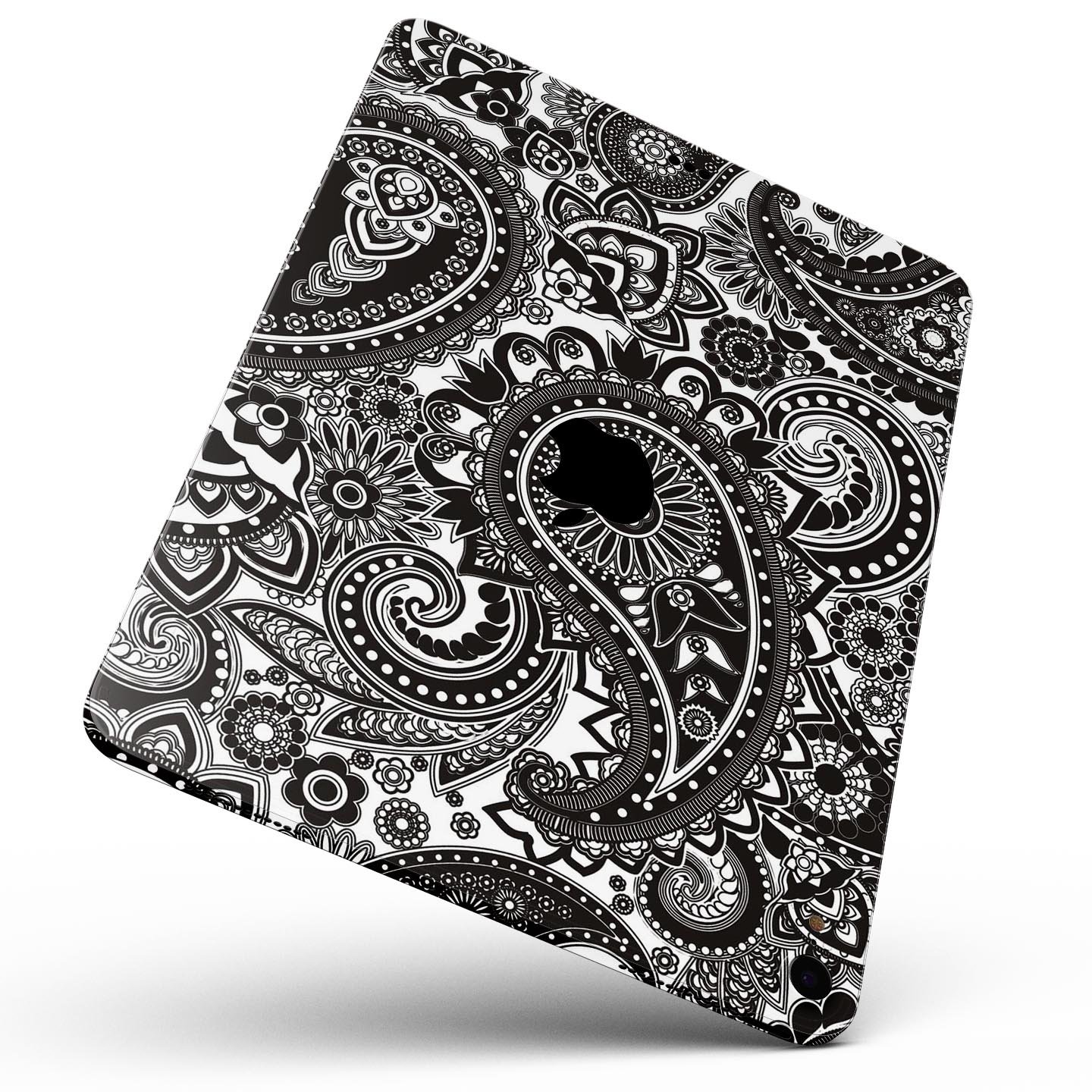 Black & White Paisley Pattern V1 skin decal for Apple devices, showcasing intricate paisley design and premium finish.