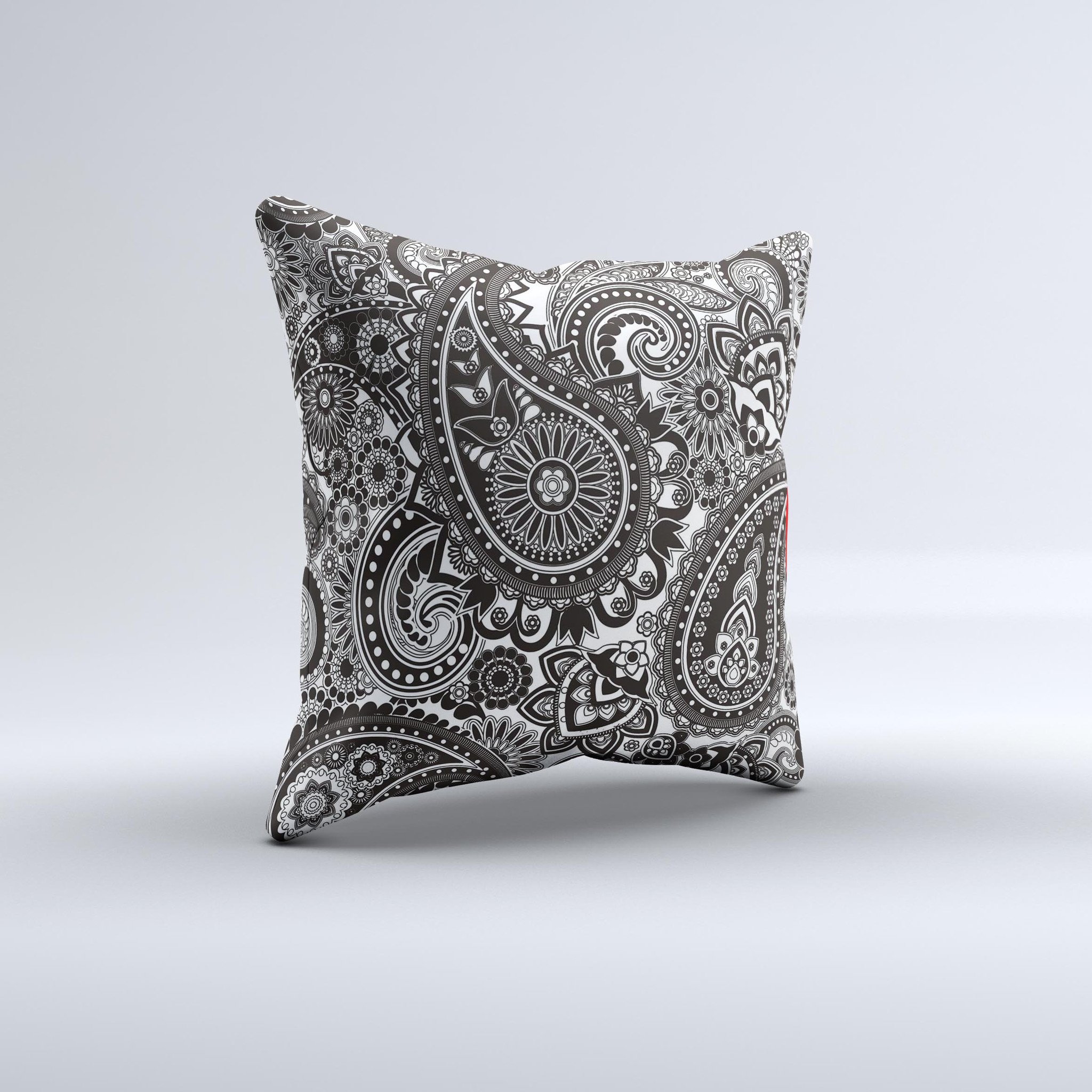 Black and white decorative throw pillow featuring a paisley pattern, showcasing intricate designs and high-quality fabric.