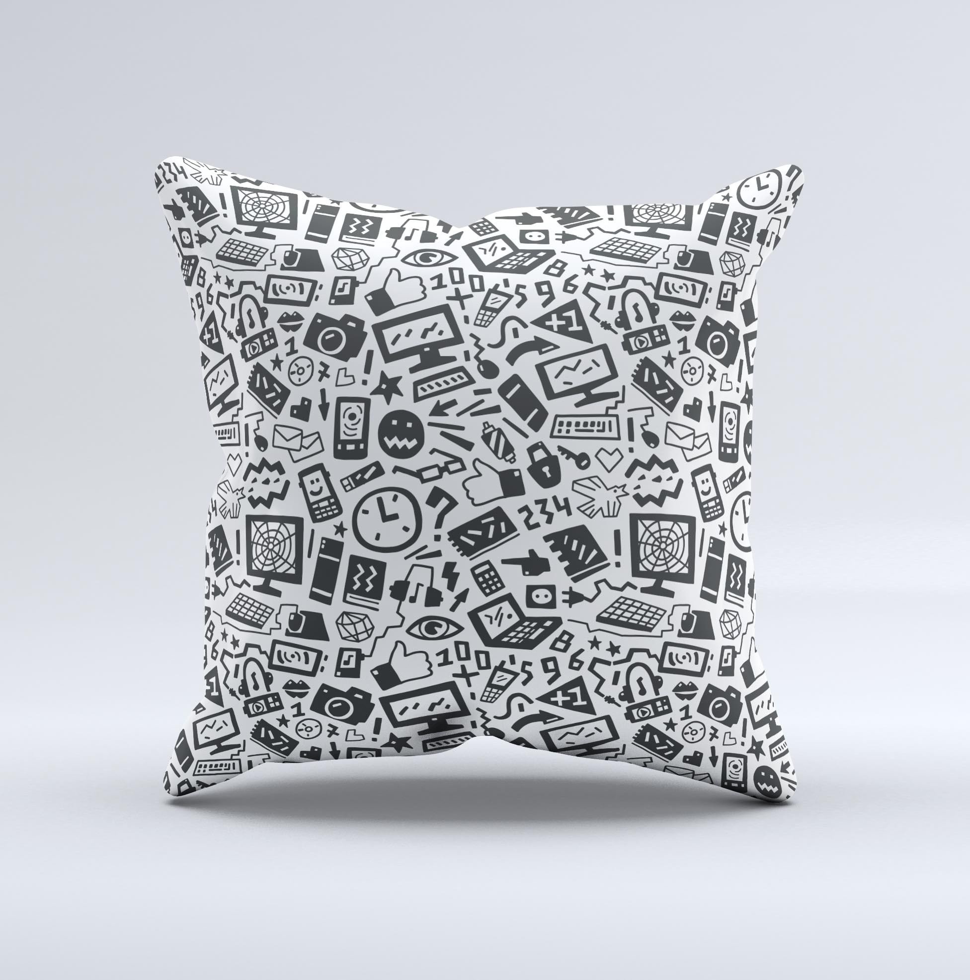 Black and white decorative throw pillow featuring a technology icon design, handcrafted in Virginia with high-quality materials.