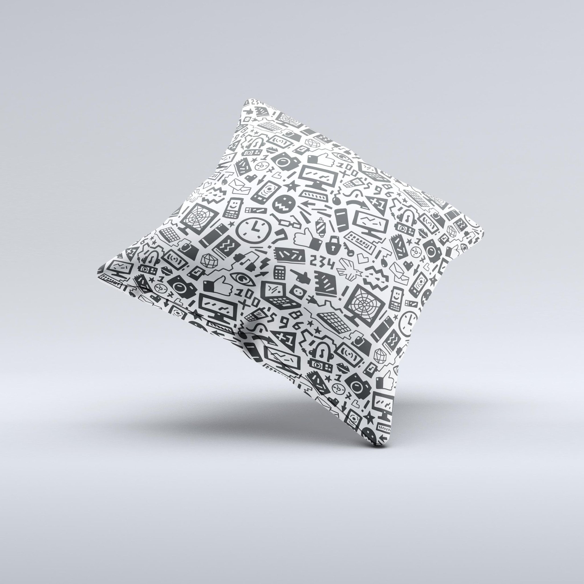 Black and white decorative throw pillow featuring a technology icon design, handcrafted in Virginia with high-quality materials.