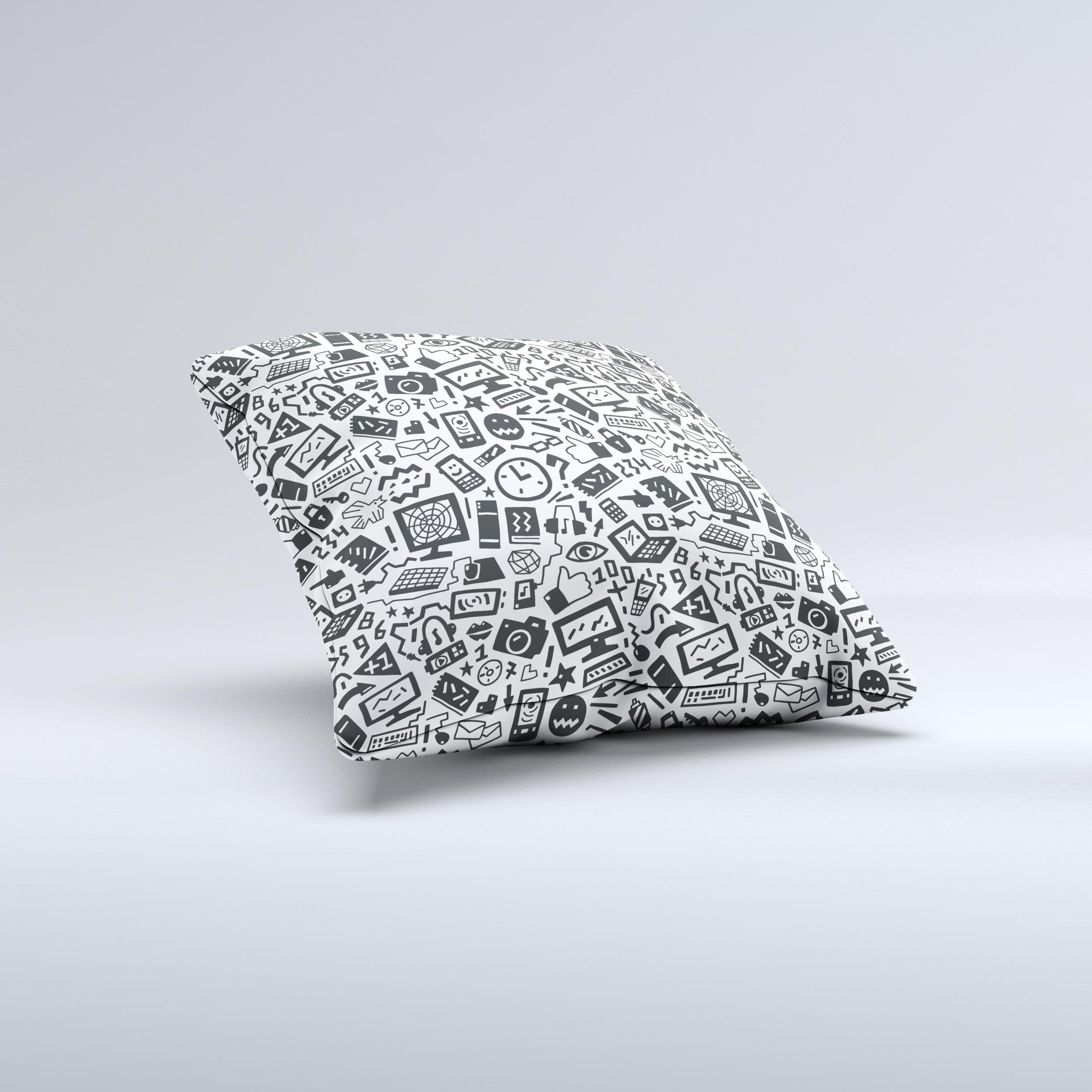 Black and white decorative throw pillow featuring a technology icon design, handcrafted in Virginia with high-quality materials.