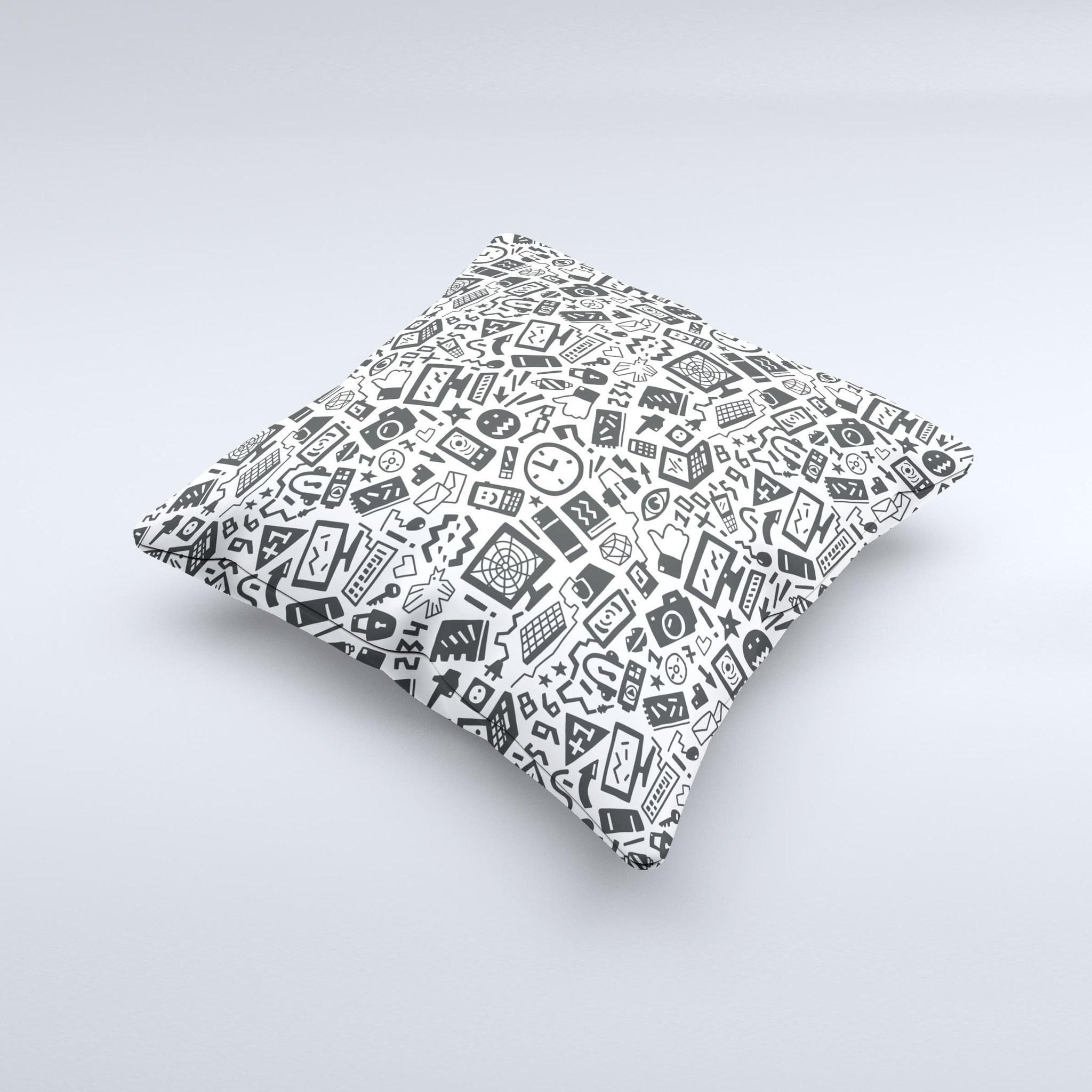 Black and white decorative throw pillow featuring a technology icon design, handcrafted in Virginia with high-quality materials.