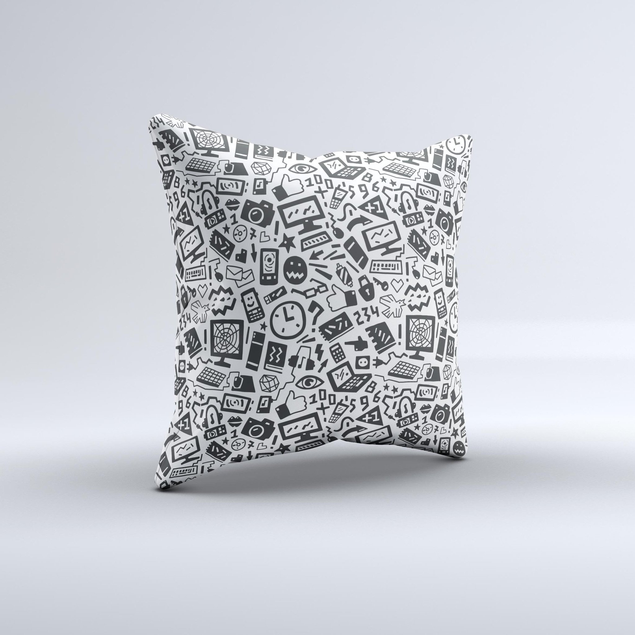 Black and white decorative throw pillow featuring a technology icon design, handcrafted in Virginia with high-quality materials.