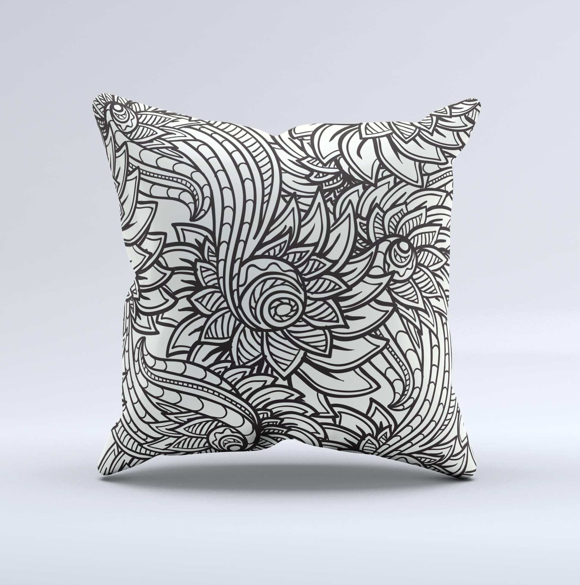 Black and white decorative throw pillow featuring a floral vector design, handcrafted in Virginia with high-quality materials.