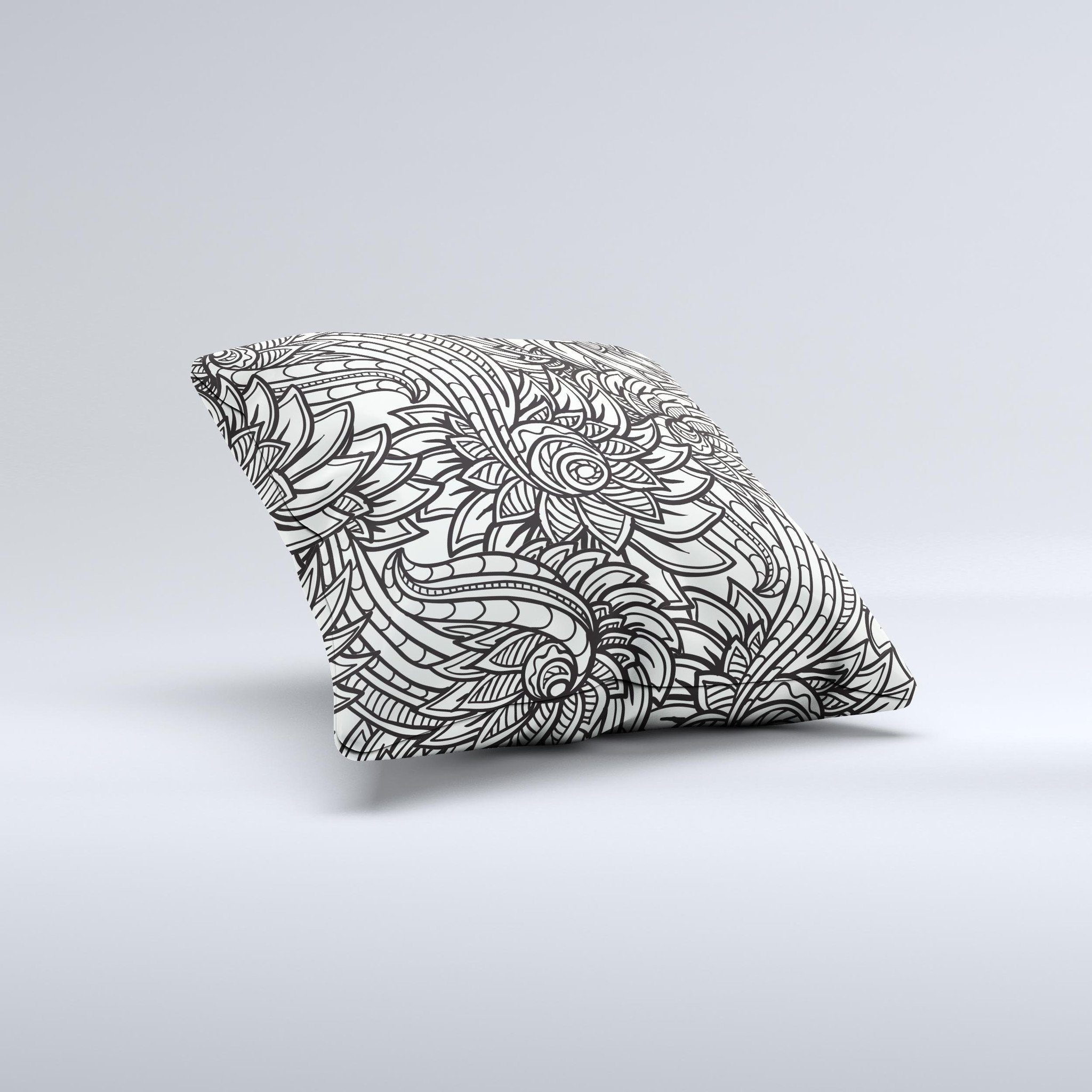 Black and white decorative throw pillow featuring a floral vector design, handcrafted in Virginia with high-quality materials.