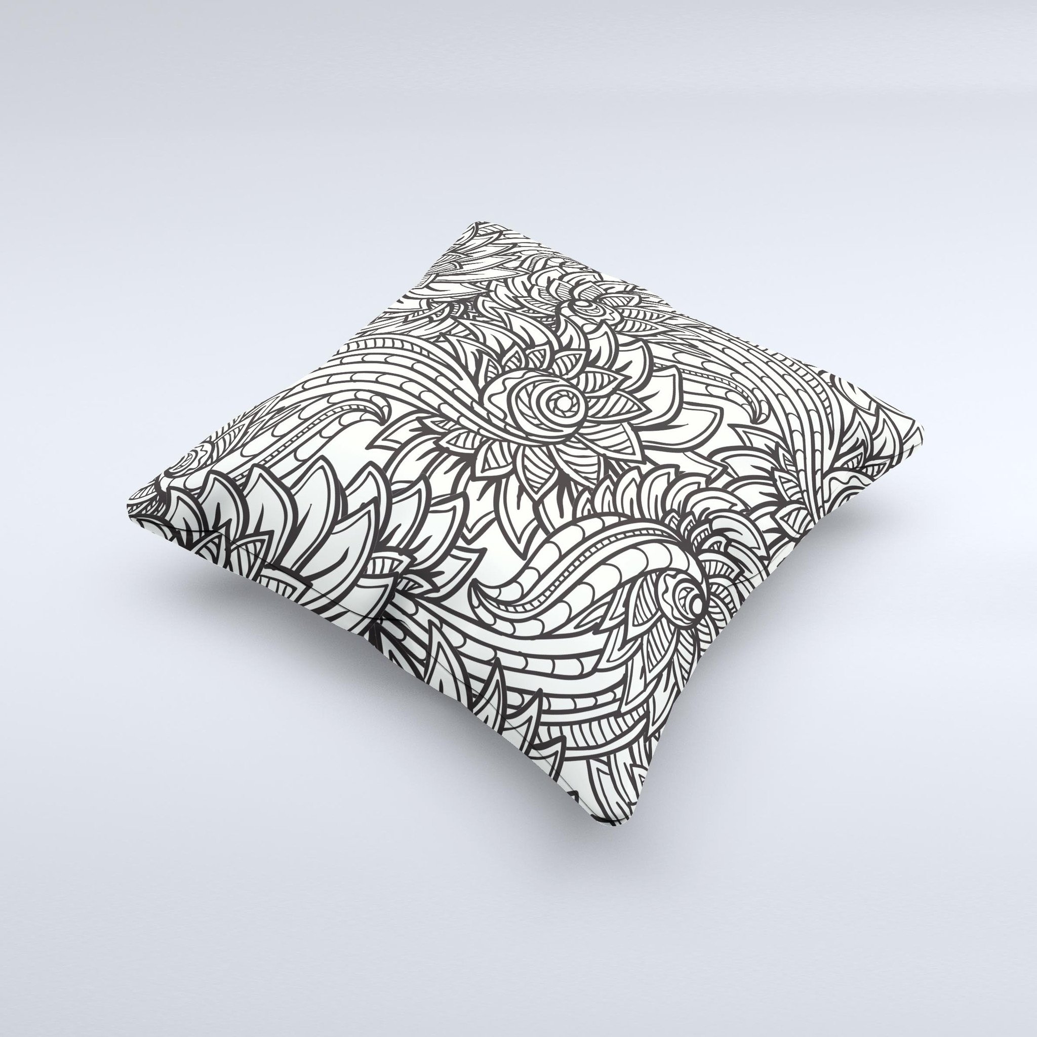 Black and white decorative throw pillow featuring a floral vector design, handcrafted in Virginia with high-quality materials.