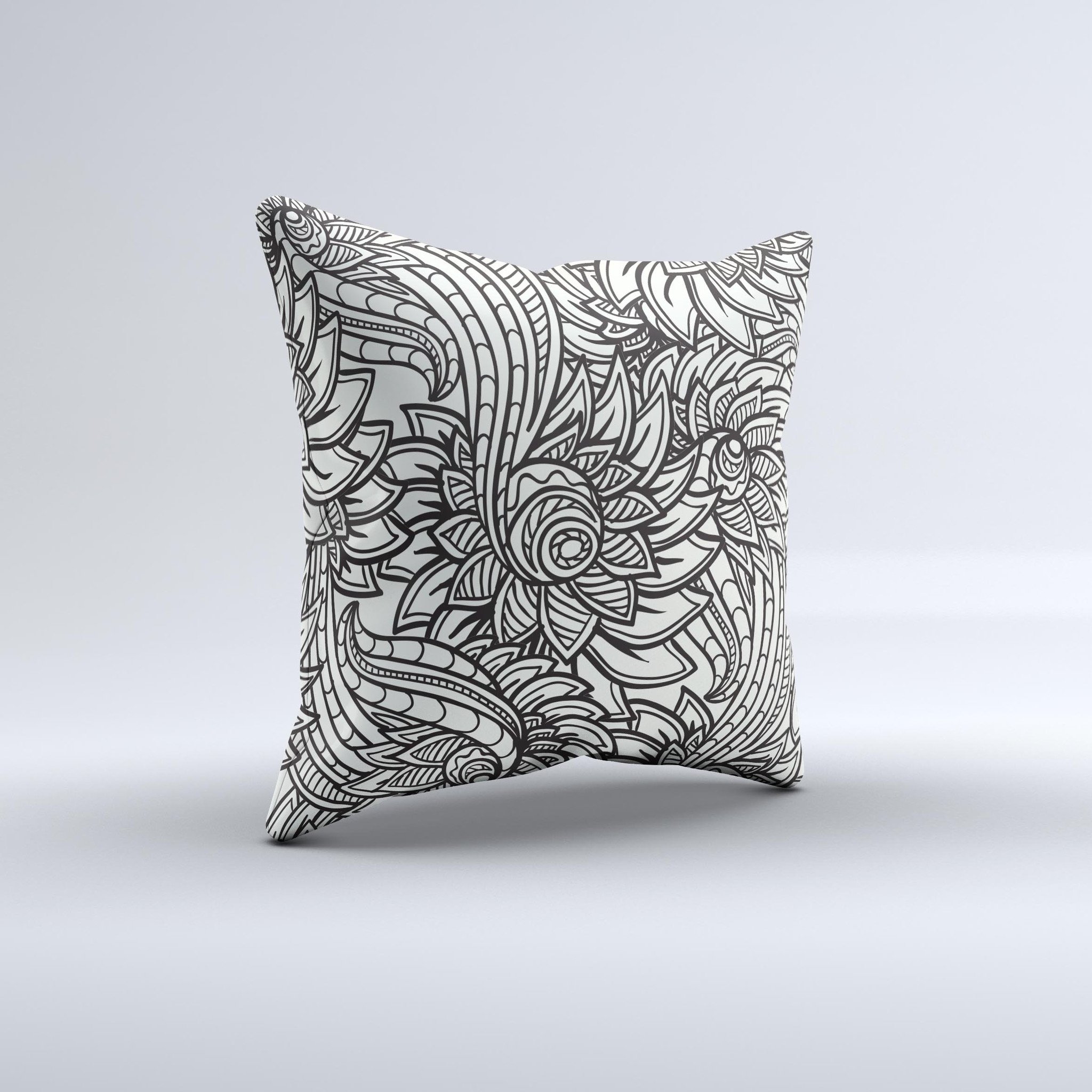 Black and white decorative throw pillow featuring a floral vector design, handcrafted in Virginia with high-quality materials.