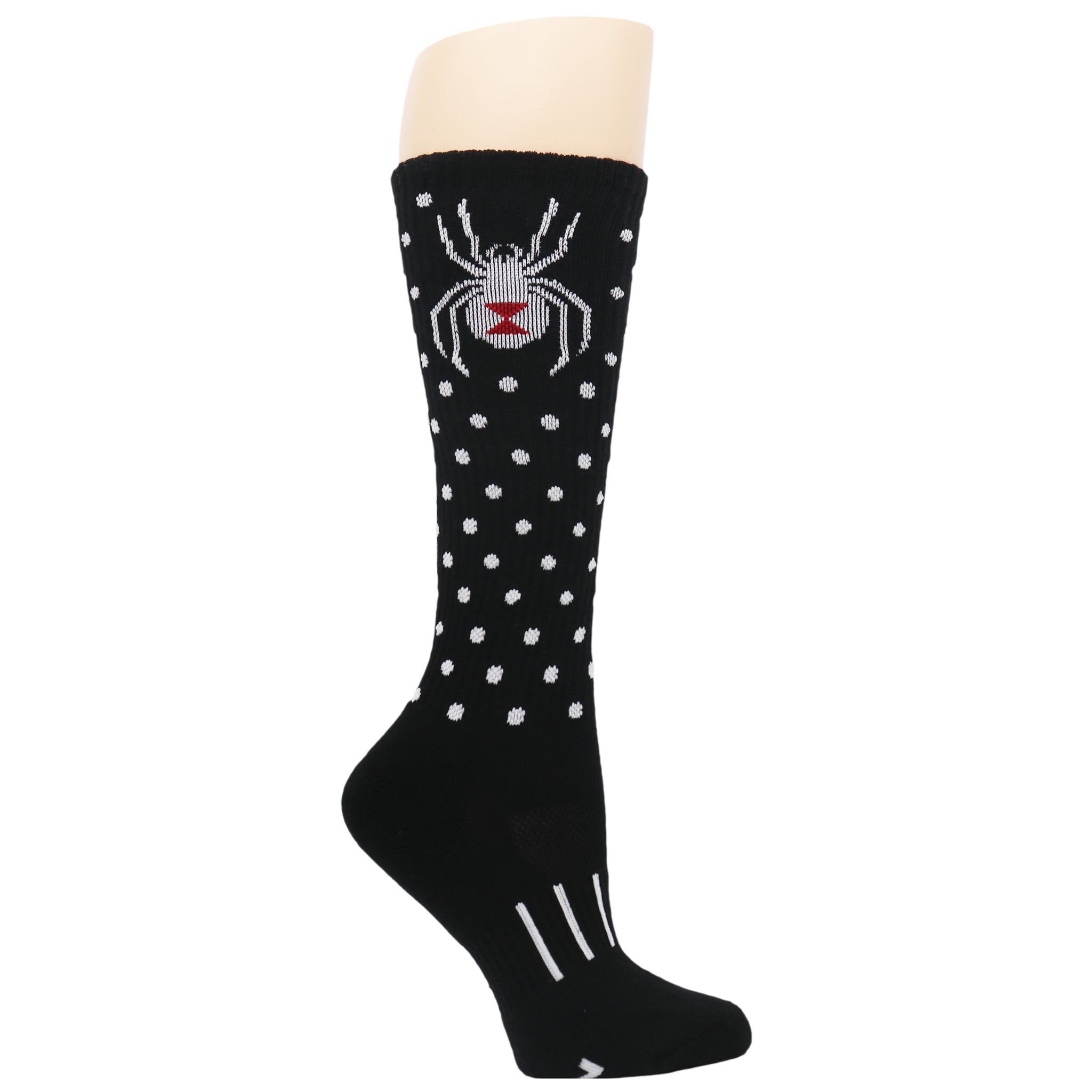 Black Widow Polka Dot Kids Socks featuring a playful spider design and polka dots, perfect for active children.