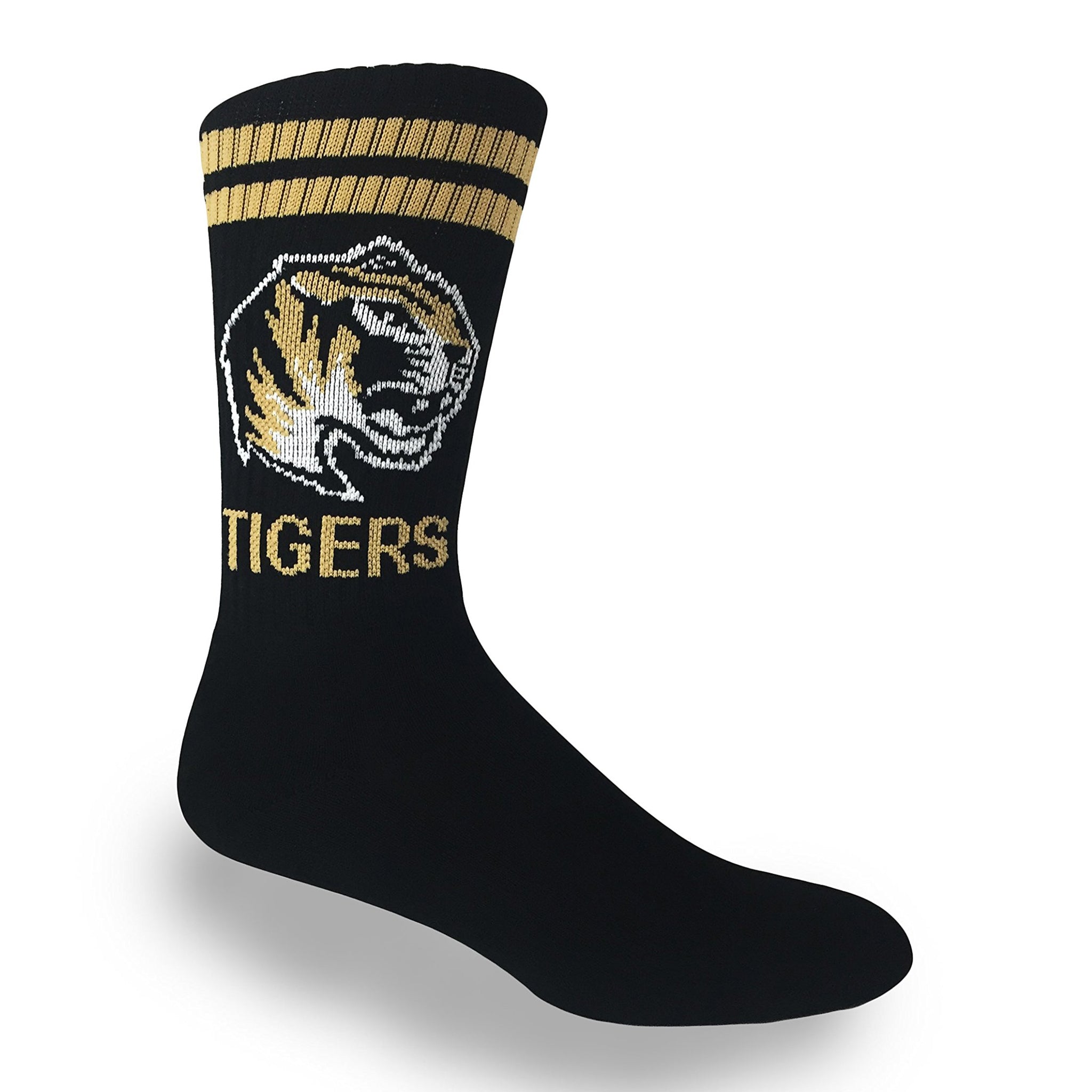 Black athletic crew socks featuring a fierce gold and white tiger design with athletic stripes at the top.