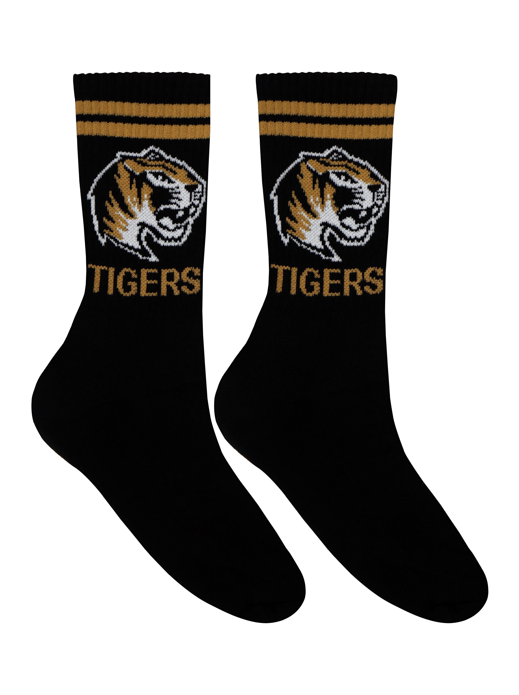 Black athletic crew socks featuring a fierce gold and white tiger design with athletic stripes at the top.