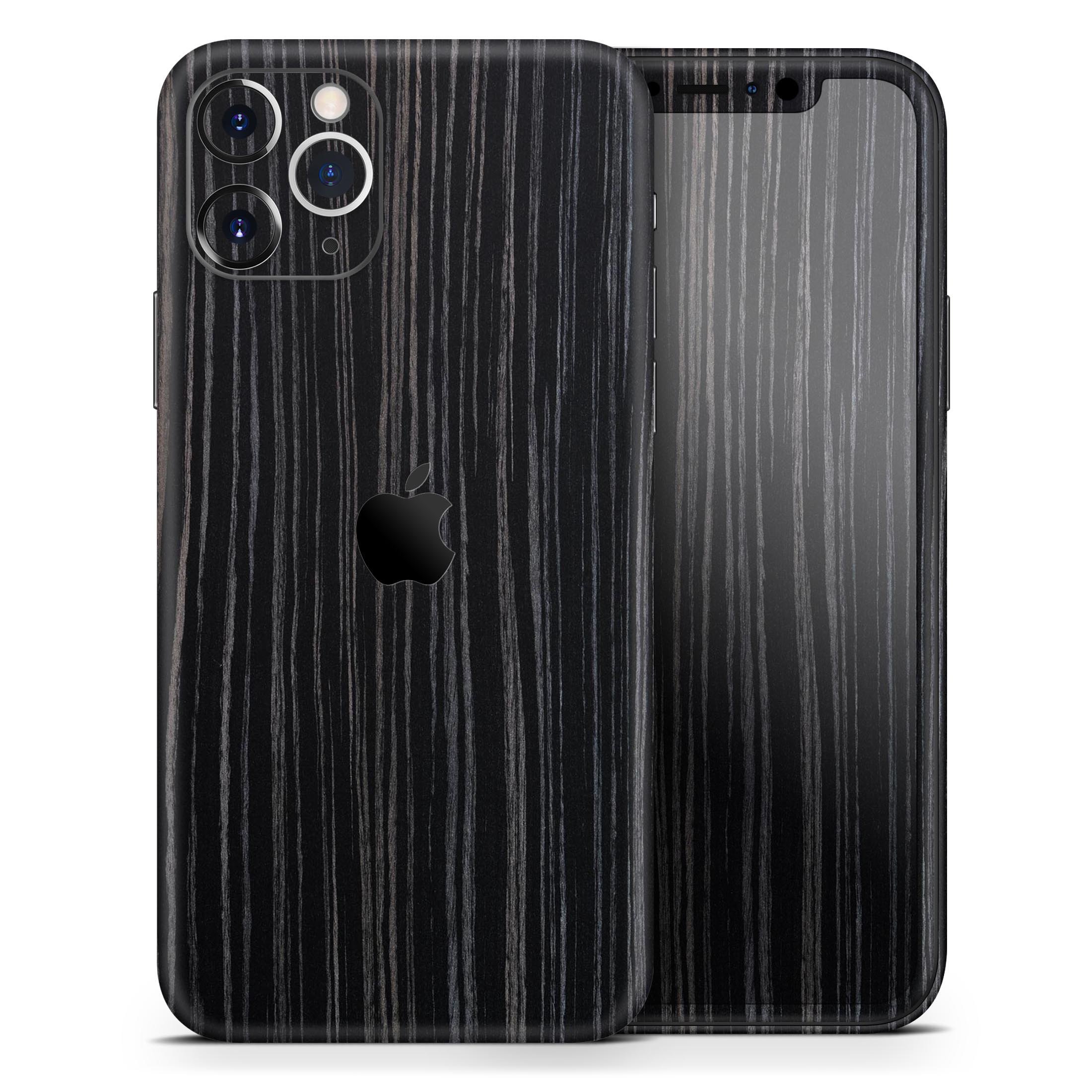 Black Wood Texture Skin-Kit for Apple iPhone 13, showcasing a stylish wood grain design.