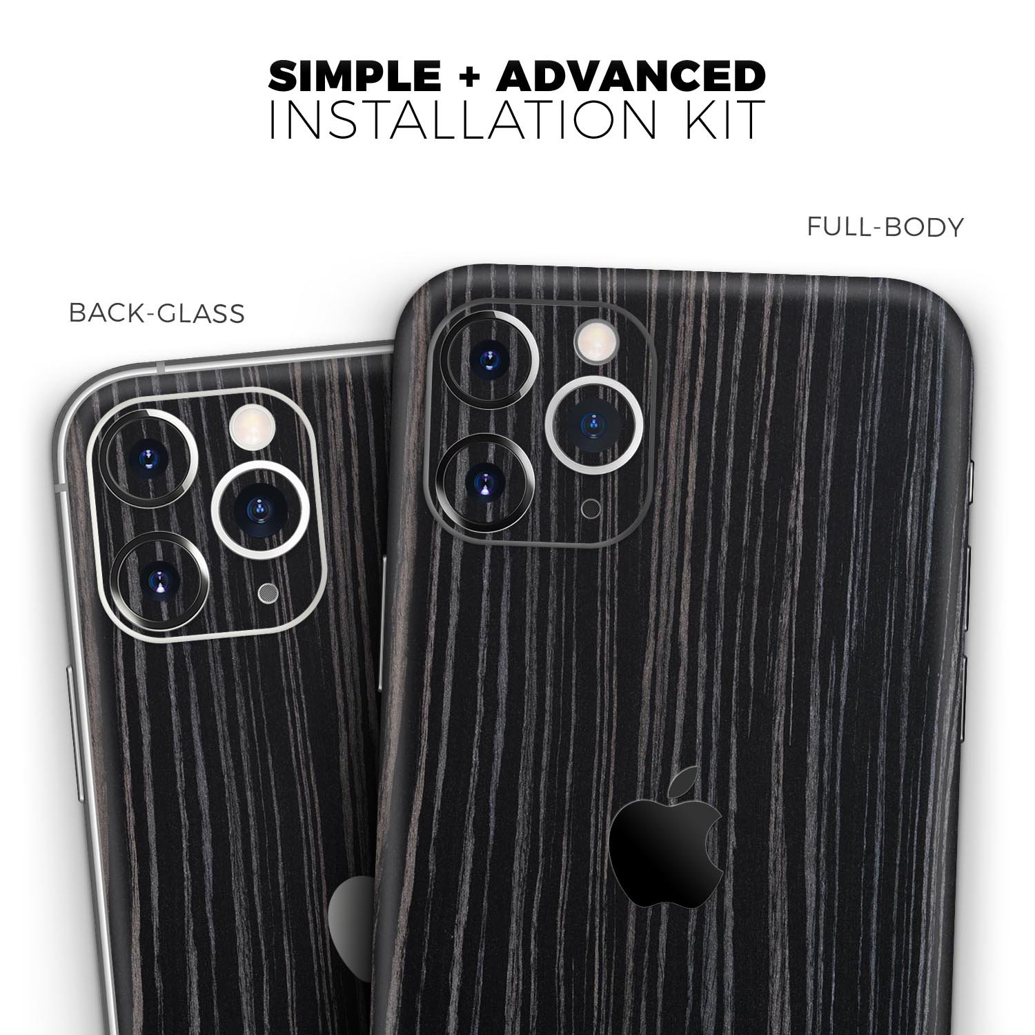 Black Wood Texture Skin-Kit for Apple iPhone 13, showcasing a stylish wood grain design.