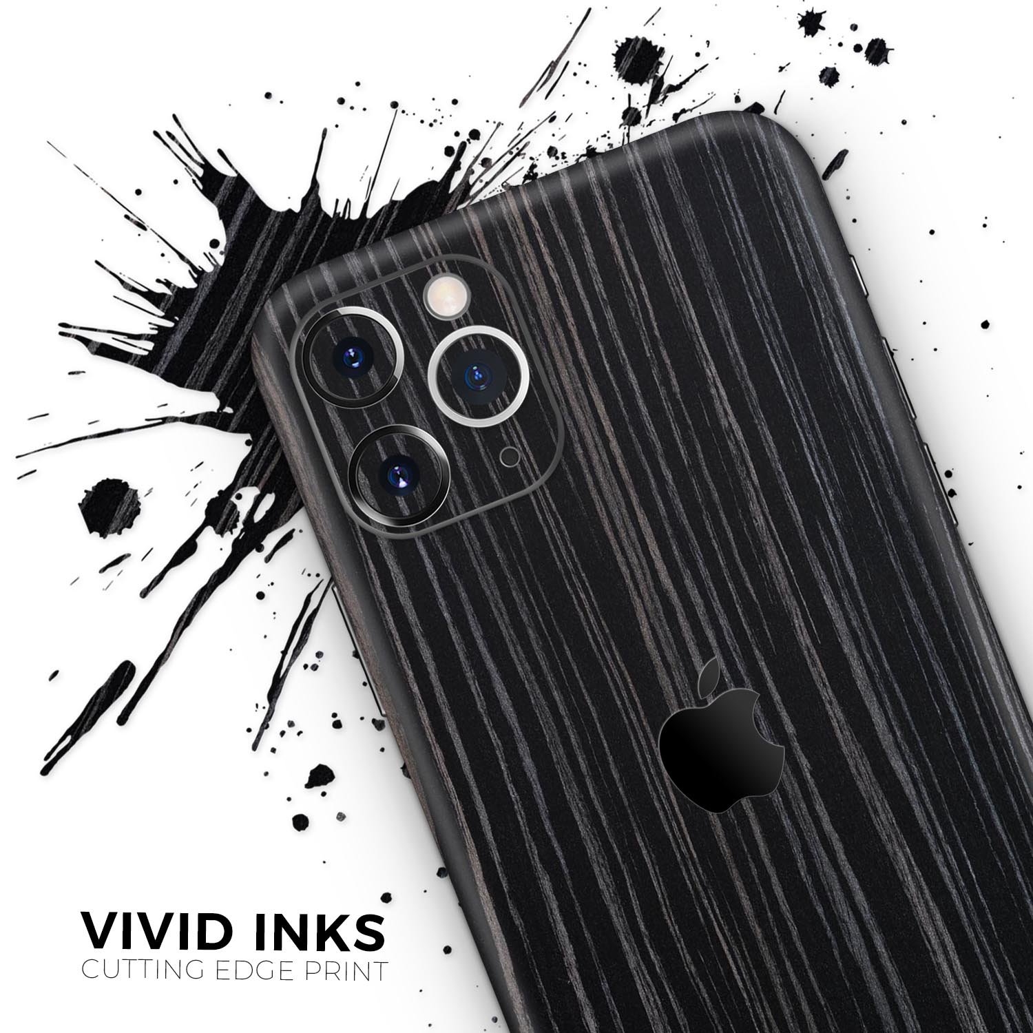 Black Wood Texture Skin-Kit for Apple iPhone 13, showcasing a stylish wood grain design.