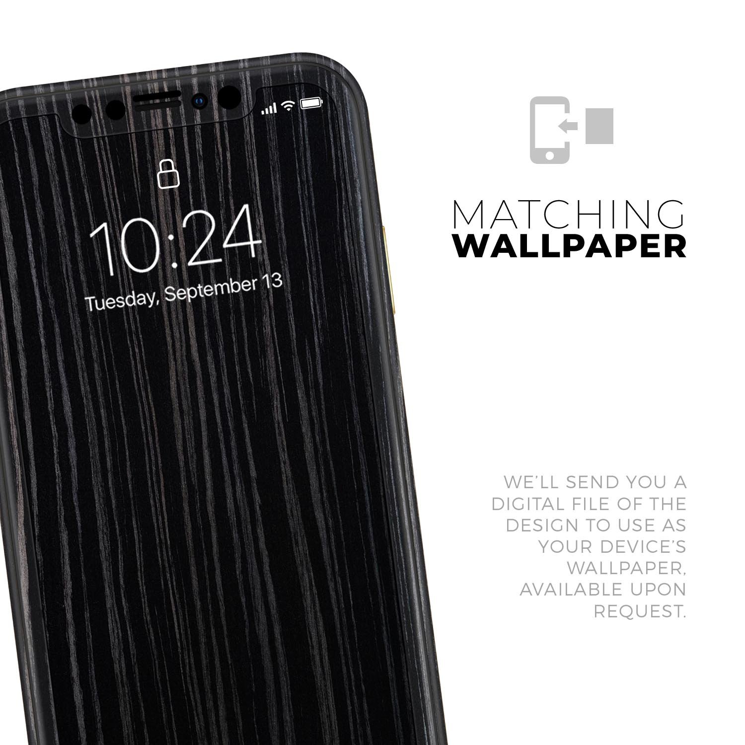 Black Wood Texture Skin-Kit for Apple iPhone 13, showcasing a stylish wood grain design.