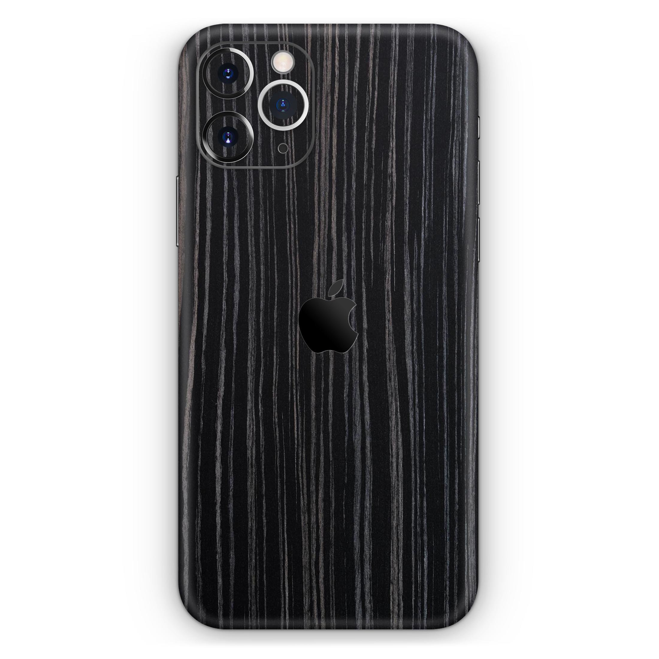 Black Wood Texture Skin-Kit for Apple iPhone 13, showcasing a stylish wood grain design.