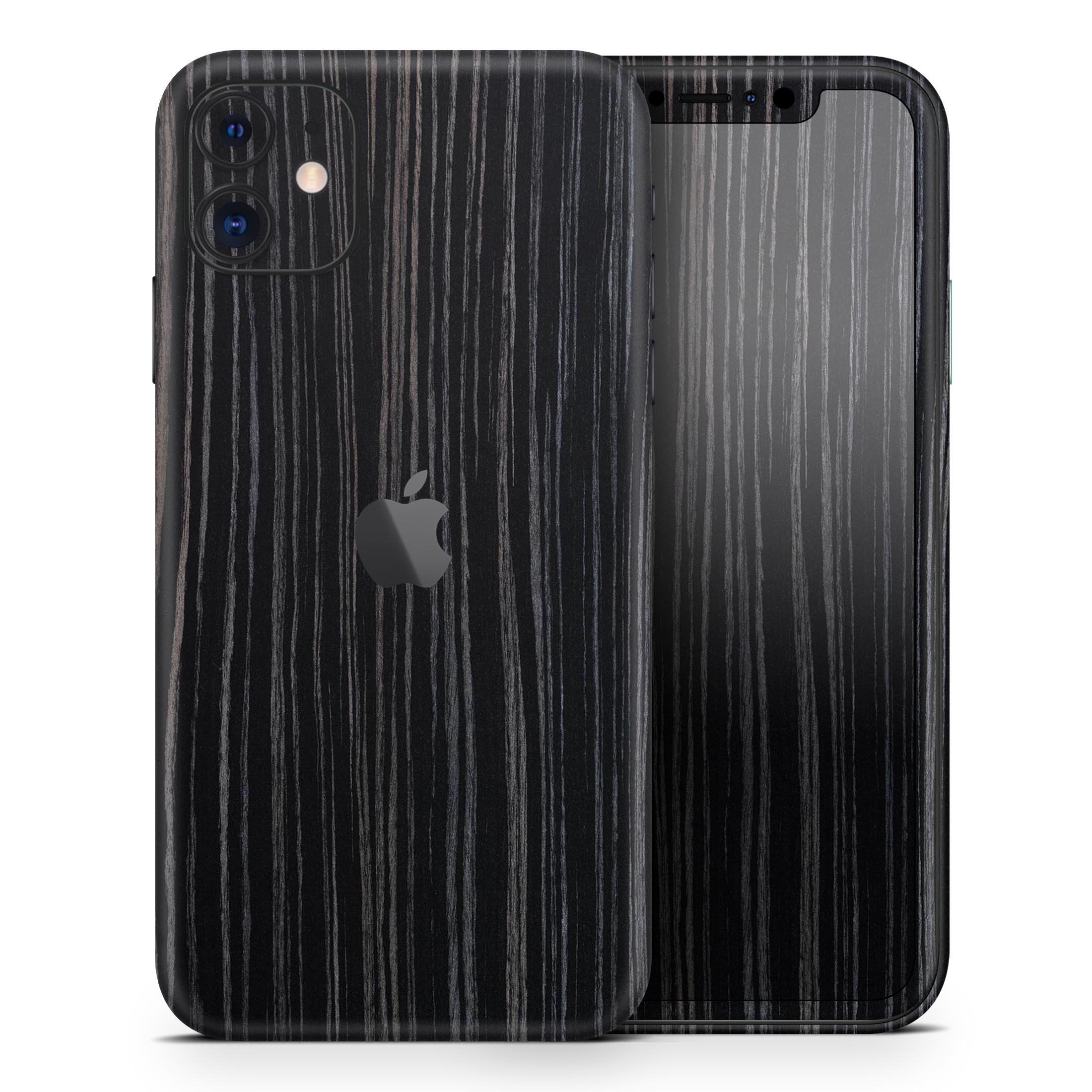 Black Wood Texture Skin-Kit for Apple iPhone 13, showcasing a stylish wood grain design.